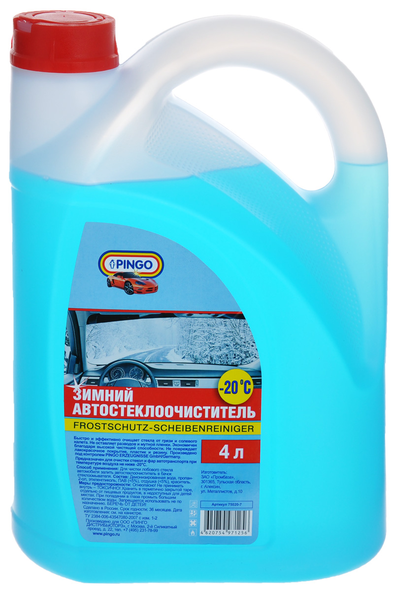 Автостеклоочиститель зимний Pingo, -20°С, 4 л75020-7 Автостеклоочиститель зимний Pingo, -20°С, 4 л75020-7Автостеклоочиститель Pingo быстро и эффективно очищает стекла от грязи и солевого налета. Не оставляет разводов и мутной пленки. Экономичен благодаря высокой чистящей способности. Не повреждает лакокрасочное покрытие, пластик и резину. Предназначен для очистки стекол и фар автотранспорта при температуре воздуха не ниже -20°С. Состав: деионизированная вода, пропан-2-ол, этиленгликоль, ПАВ ( Товар сертифицирован.