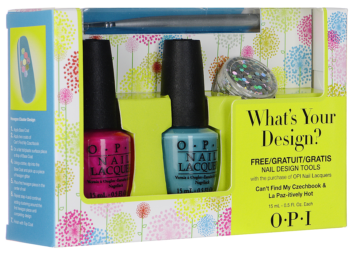 OPI Набор Whats Your Design?: лак для ногтей, тон La paz-Itively hot, 15 мл, тон Cant find my czechbook, 15 мл, кисть для дизайна, блесткиSRF13 OPI Набор Whats Your Design?: лак для ногтей, тон La paz-Itively hot, 15 мл, тон Cant find my czechbook, 15 мл, кисть для дизайна, блесткиSRF13OPI Whats Your Design? - это оригинальный набор из двух летних лаков для ногтей Cant Find My Czechbook и La Paz-itively Hot, кисти для дизайна и декоративных блесток. Быстросохнущие лаки содержат натуральный шелк, перламутр и аминокислоты. Однородно ложатся и равномерно распределяются по всей поверхности ногтевой пластины. Точно рассчитанная длина и диаметр колпачка, который не скользит в руках, делает его удобным для любого размера и формы пальцев. Уплотненное дно придает флакону устойчивость. Уникальная кисть с одной стороны имеет синтетический ворс для работы с гелем (моделирование ногтя), с другой стороны кисть можно использовать для дизайна ногтей. Отлично подойдет для тонких линий, прорисовок, вензелей, рисунков гель-лаком и так далее. Товар сертифицирован.