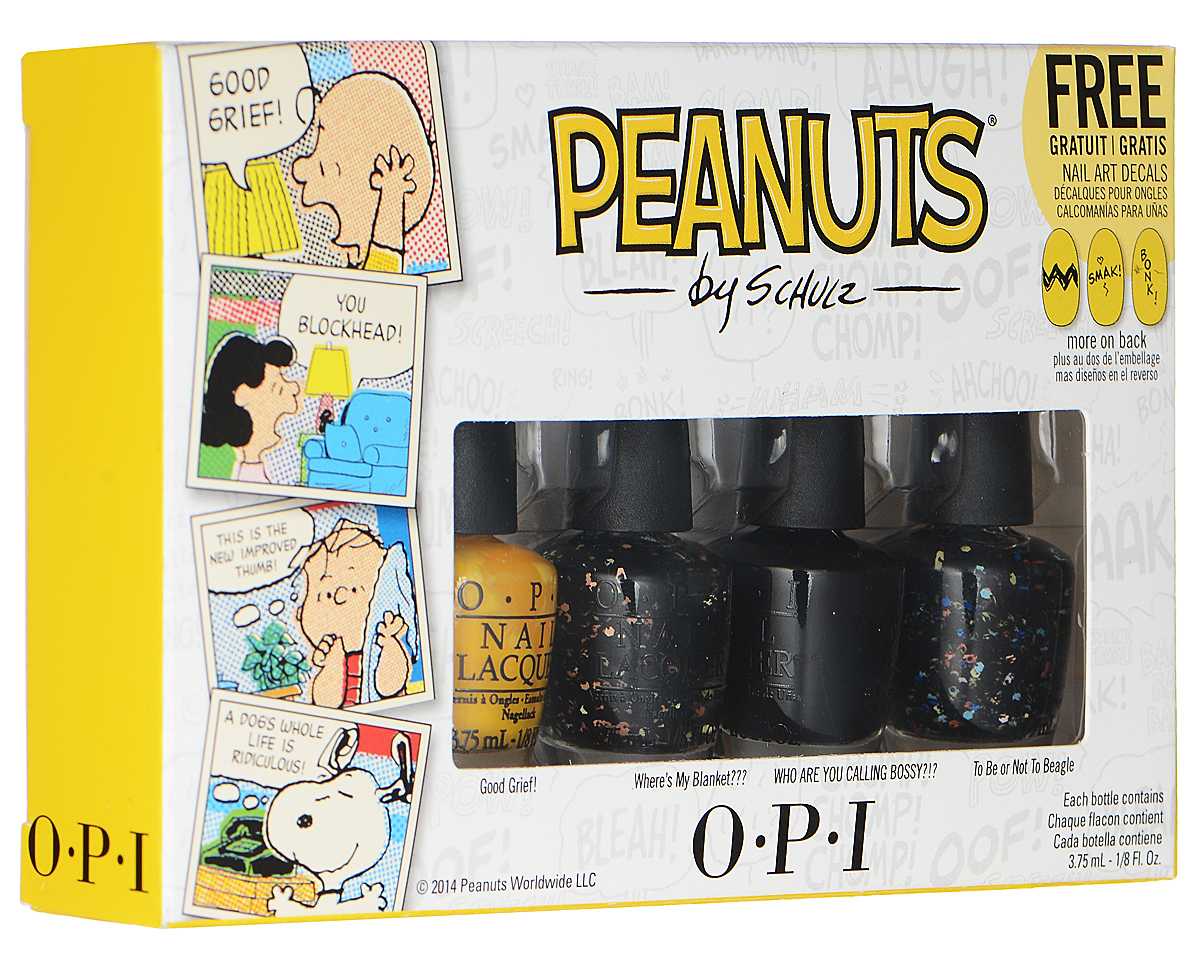 OPI Набор мини-лаков для ногтей Peanuts Halloween14, 4 х 3,75 млSRFA9 OPI Набор мини-лаков для ногтей Peanuts Halloween14, 4 х 3,75 млSRFA9Набор мини-лаков OPI Peanuts Halloween14 состоит из 4-х оттенков: Good Grief!, Where’s My Blanket???, Who Are You Calling Bossy?!?, To Be or Not to Beagle. Лаки для ногтей однородно ложатся и равномерно распределяются по всей поверхности ногтевой пластины. Точно рассчитанная длина и диаметр колпачка, который не скользит в руках, делает его удобным для любого размера и формы пальцев. Уплотненное дно придает флакону устойчивость. Каждый флакон лака для ногтей отличает эксклюзивная кисточка ProWide для идеально точного нанесения лака на ногти. Товар сертифицирован.
