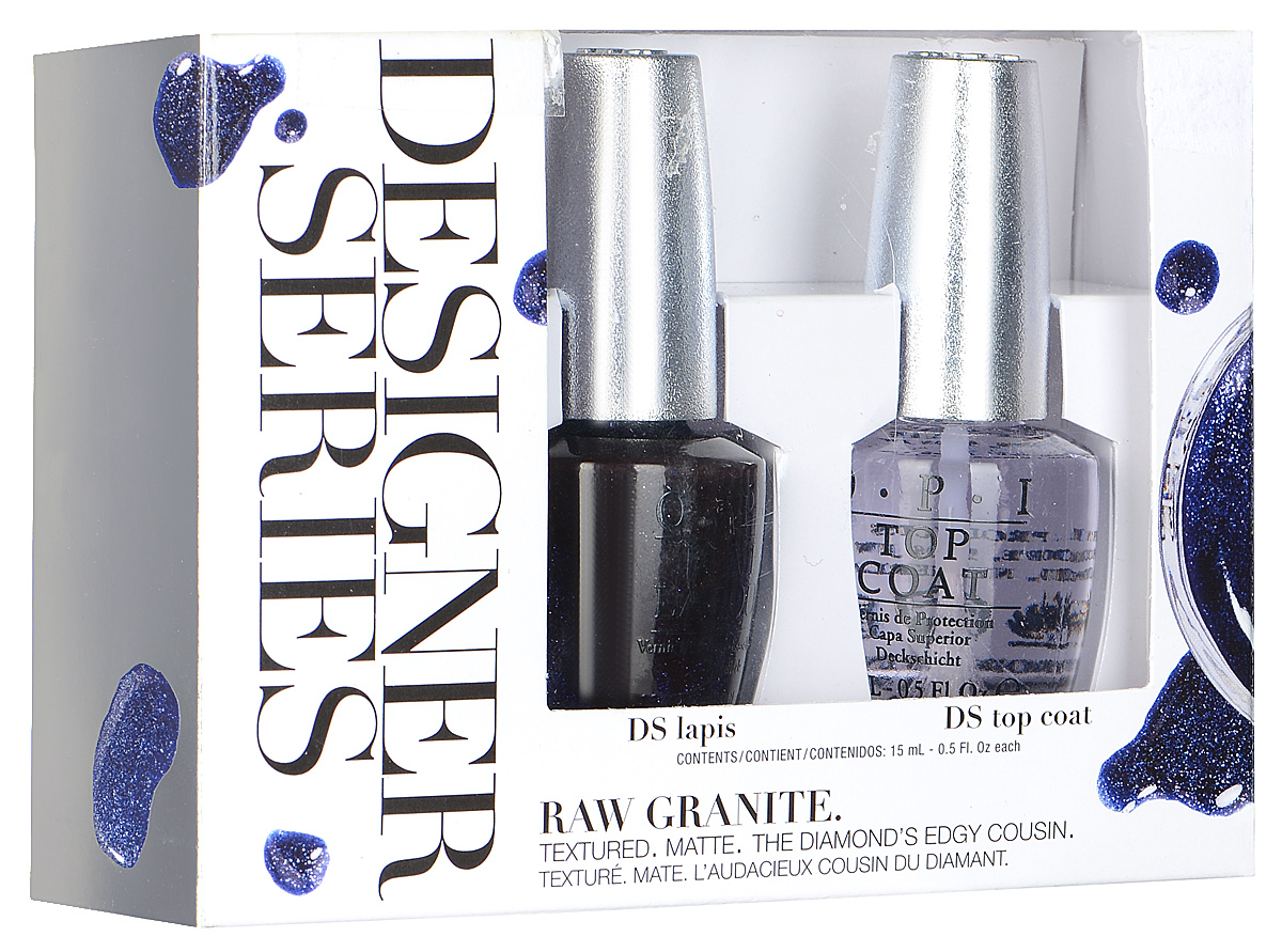 OPI Набор Lapis Duo Pack: лак для ногтей, тон DS Lapis, верхнее покрытие Top Coat Designer Series, 2 х 15 млDSP02 OPI Набор Lapis Duo Pack: лак для ногтей, тон DS Lapis, верхнее покрытие Top Coat Designer Series, 2 х 15 млDSP02Набор OPI Lapis Duo Pack состоит из 2-х средств: лака для ногтей DS Lapis, темно-синего оттенка с алмазной крошкой, что позволяет создавать красивый дизайн, и верхнего покрытия Top Coat, которое создает финальных штрих маникюру и помогает сохранить дольше цвет и блеск. Лак для ногтей однородно ложится и равномерно распределяется по всей поверхности ногтевой пластины. Точно рассчитанная длина и диаметр колпачка, который не скользит в руках, делает его удобным для любого размера и формы пальцев. Уплотненное дно придает флакону устойчивость. Каждый флакон лака для ногтей отличает эксклюзивная кисточка ProWide™ для идеально точного нанесения лака на ногти. Товар сертифицирован.