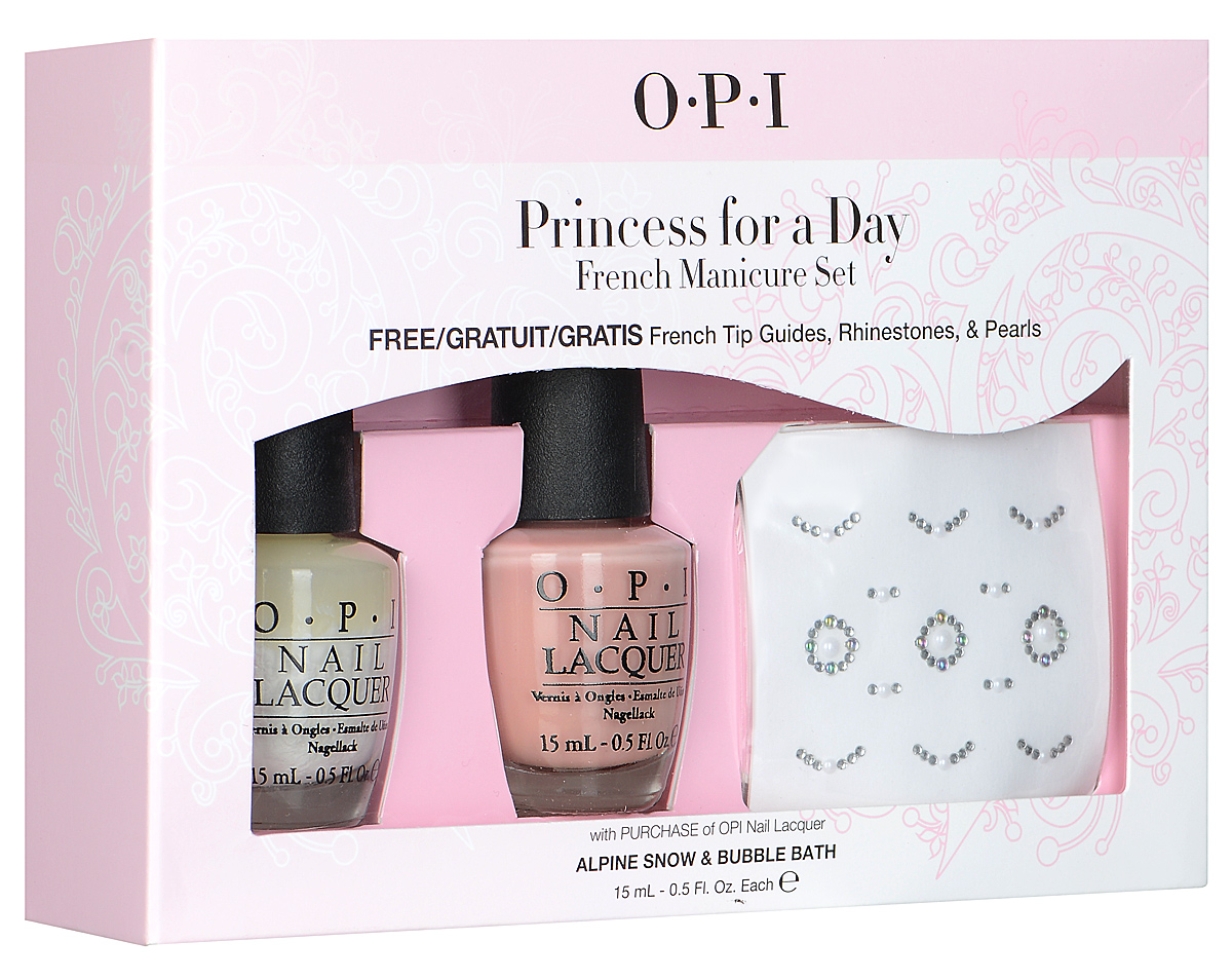 OPI Набор Princess for a Day: лак для ногтей, тон Alpine Snow, 15 мл, тон Bubble Bath, 15 мл, трафарет, 2 штSRF16 OPI Набор Princess for a Day: лак для ногтей, тон Alpine Snow, 15 мл, тон Bubble Bath, 15 мл, трафарет, 2 штSRF16В набор OPI Princess for a Day входят: два лака Alpine Snow белого оттенка и Bubble Bath матового нежно-розового оттенка, трафарет для френча и трафарет со стразами и бусинками. Лаки для ногтей однородно ложатся и равномерно распределяются по всей поверхности ногтевой пластины. Точно рассчитанная длина и диаметр колпачка, который не скользит в руках, делает его удобным для любого размера и формы пальцев. Уплотненное дно придает флакону устойчивость. Оригинальные трафареты помогут вам создать аккуратный ровный модный и стильный нейл-арт. Товар сертифицирован.