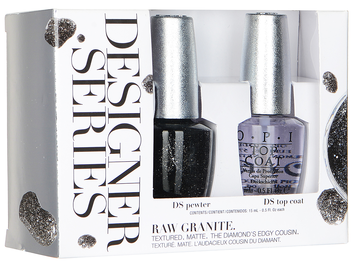 OPI Набор Pewter Duo Pack: лак для ногтей, тон DS pewter, верхнее покрытие Top Coat Designer Series, 2 х 15 млDSP01 OPI Набор Pewter Duo Pack: лак для ногтей, тон DS pewter, верхнее покрытие Top Coat Designer Series, 2 х 15 млDSP01Набор OPI Pewter Duo Pack состоит из лака для ногтей DS pewter матовой текстуры с серебряной рудой и верхнего покрытия Top Coat Designer Series. Лак быстросохнущий, содержит натуральный шелк, перламутр и аминокислоты. Увлажняет и ухаживает за ногтями. Однородно ложится и равномерно распределяется по всей поверхности ногтевой пластины. В состав лака входит бриллиантовая пыль и специальный пигмент, придающий мерцание, благодаря чему он отражает свет и мерцает как хорошо ограненный бриллиант. Точно рассчитанная длина и диаметр колпачка, который не скользит в руках, делает его удобным для любого размера и формы пальцев. Уплотненное дно придает флакону устойчивость. Каждый флакон лака для ногтей отличает эксклюзивная кисточка ProWide для идеально точного нанесения лака на ногти. Верхнее покрытие Top Coat Designer Series создает финальный штрих маникюру и помогает сохранить дольше цвет и блеск. Товар сертифицирован.