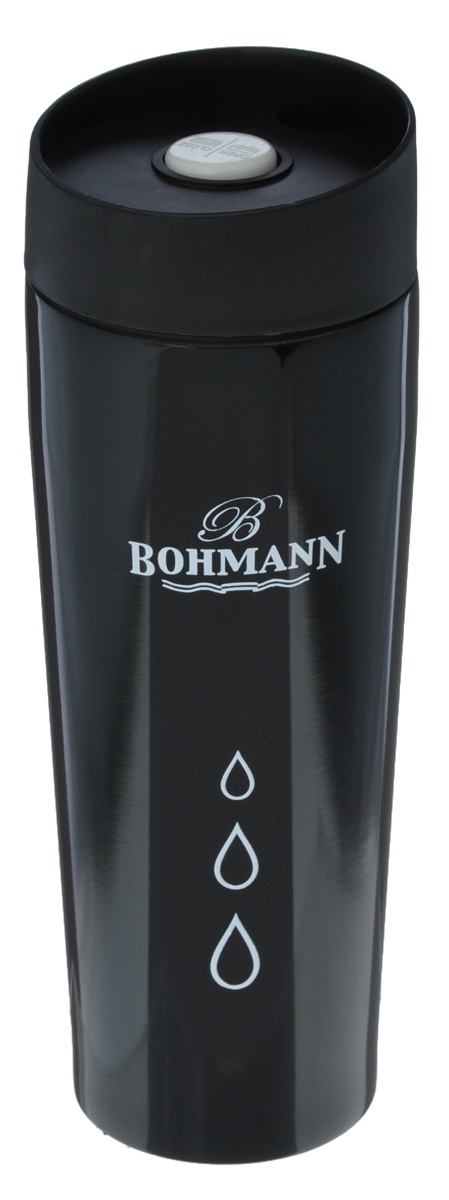 Термокружка Bohmann, цвет: черный, 450 мл4455BH/NEW Термокружка Bohmann, цвет: черный, 450 мл4455BH/NEWТермокружка Bohmann выполнена из высококачественной окрашенной нержавеющей стали. Кружка оформлена надписью Bohmann и рисунком. Кружка идеально подходит как для горячих, так и для холодных напитков, надолго сохраняя их температуру. Герметичная завинчивающаяся крышка выполнена из пластика и оснащена кнопкой-фиксатором слива, что предотвращает проливание. Также имеется отверстие для питья. Можно мыть в посудомоечной машине. Диаметр термокружки по верхнему краю: 6,8 см. Диаметр дна термокружки: 5,8 см. Высота термокружки (с учетом крышки): 20,5 см.