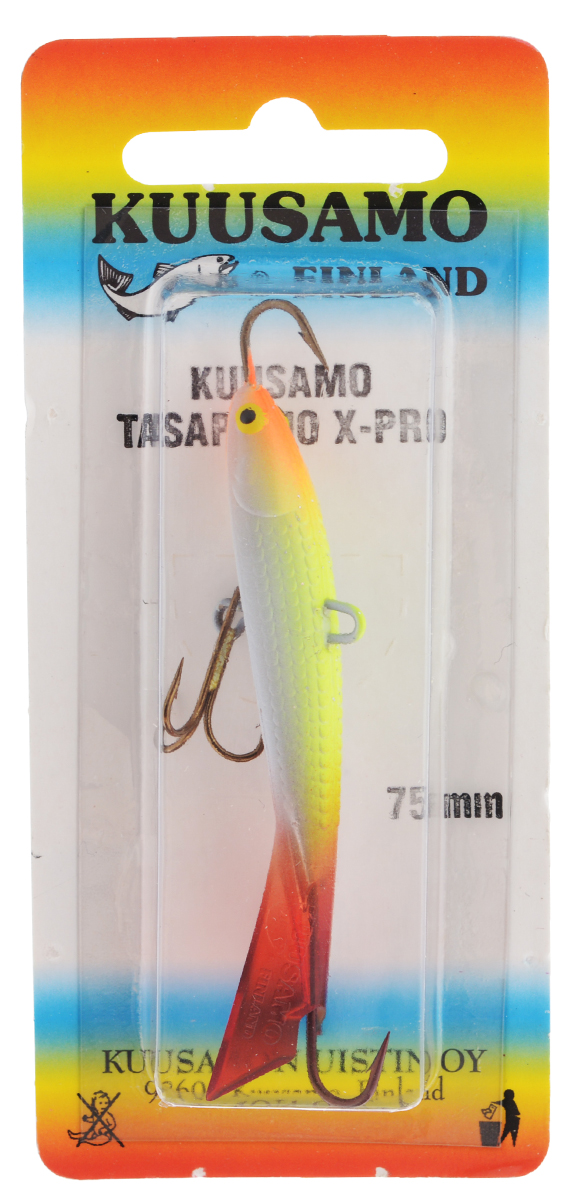 Балансир Kuusamo Tasapaino X-Pro, с тройником, цвет: желтый, белый, 7,5 см54397 Балансир Kuusamo Tasapaino X-Pro, с тройником, цвет: желтый, белый, 7,5 см54397Kuusamo Tasapaino X-Pro - это классический балансир, проверенный временем. Запатентованный хвостик слит воедино с телом приманки, в разы увеличивая прочность конструкции. Балансир Kuusamo Tasapaino X-Pro отлично подойдет для ловли окуня, судака, берша и щуки. Новый силуэт придал балансиру дополнительную динамику и отзывчивость при проводке. Изделие комплектуется одинарными крючками и подвесным тройником.