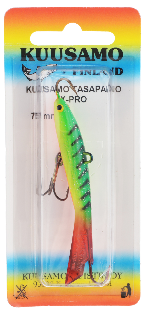Балансир Kuusamo Tasapaino X-Pro, с тройником, цвет: зеленый, желтый, оранжевый, 7,5 см54082 Балансир Kuusamo Tasapaino X-Pro, с тройником, цвет: зеленый, желтый, оранжевый, 7,5 см54082Kuusamo Tasapaino X-Pro - это классический балансир, проверенный временем. Запатентованный хвостик слит воедино с телом приманки, в разы увеличивая прочность конструкции. Балансир Kuusamo Tasapaino X-Pro отлично подойдет для ловли окуня, судака, берша и щуки. Новый силуэт придал балансиру дополнительную динамику и отзывчивость при проводке. Изделие комплектуется одинарными крючками и подвесным тройником.