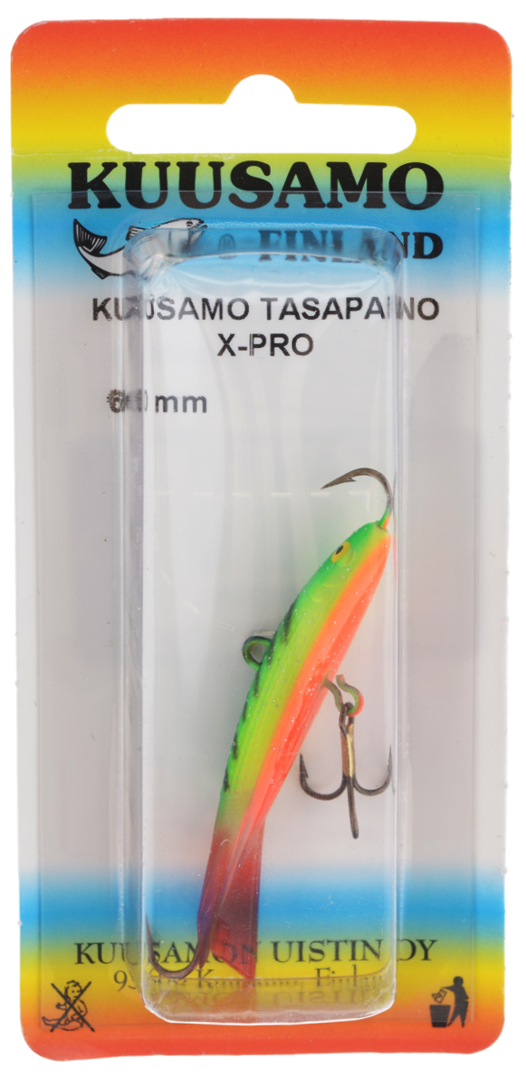 Балансир Kuusamo Tasapaino X-Pro, с тройником, цвет: зеленый, желтый, оранжевый, 6 см54065 Балансир Kuusamo Tasapaino X-Pro, с тройником, цвет: зеленый, желтый, оранжевый, 6 см54065Kuusamo Tasapaino X-Pro - это классический балансир, проверенный временем. Запатентованный хвостик слит воедино с телом приманки, в разы увеличивая прочность конструкции. Балансир Kuusamo Tasapaino X-Pro отлично подойдет для ловли окуня, судака, берша и щуки. Новый силуэт придал балансиру дополнительную динамику и отзывчивость при проводке. Изделие комплектуется одинарными крючками и подвесным тройником.