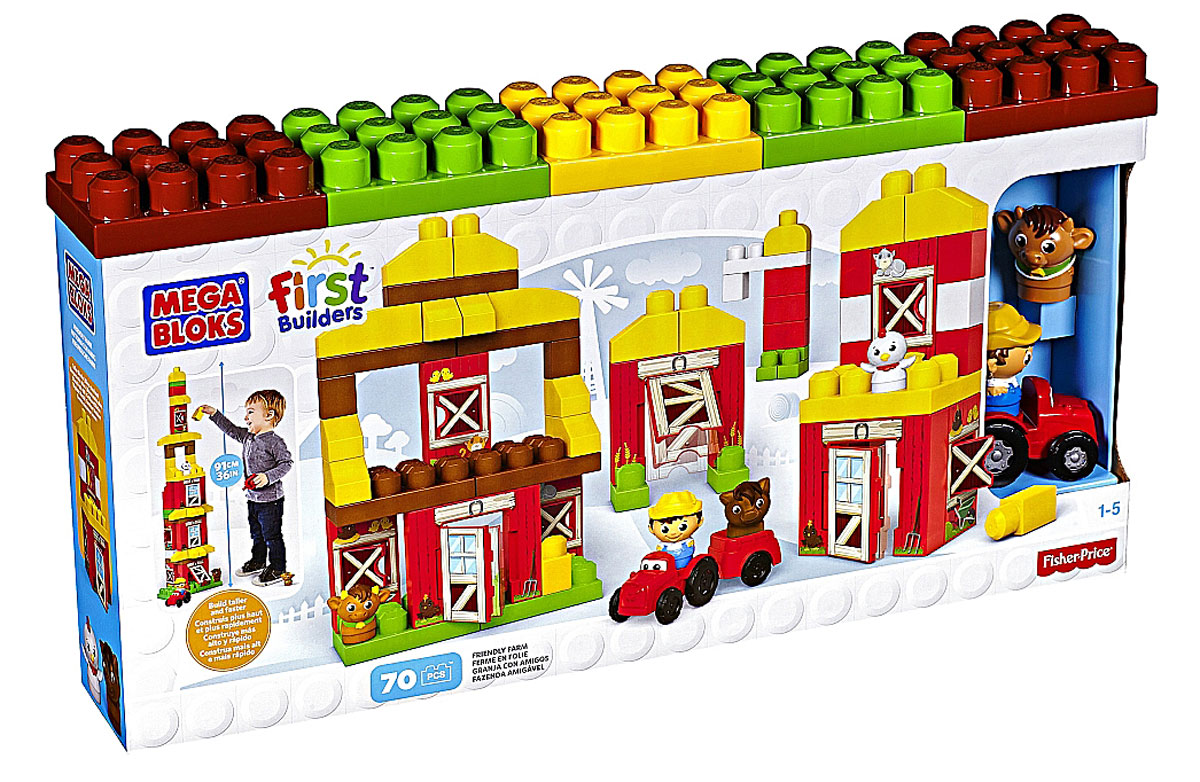 Mega Bloks First Builders Конструктор Веселая фермаCNG27 Mega Bloks First Builders Конструктор Веселая фермаCNG27Вашего маленького фермера ждет целый день веселья на лоне природы с игровым набором Веселая ферма из серии Mega Bloks First Builders! Из восьми блоков-панелей он сможет быстро возвести высокие здания, а дополнительные блоки и сменные панели позволят ему строить и перестраивать ферму как угодно. Детализированная отделка панелей сделает амбар, стойло и курятник невероятно реалистичными! Двери и окна построек открываются, так что входящий в набор фермер может осмотреть окрестности или выйти на улицу, чтобы прокатиться по полям на своем красном тракторе. Ну а если дел у него станет слишком много, то в любой момент к нему на помощь смогут прийти его друзья: корова, лошадь и курица! Идеальная игрушка для детей в возрасте от 1 до 5 лет.