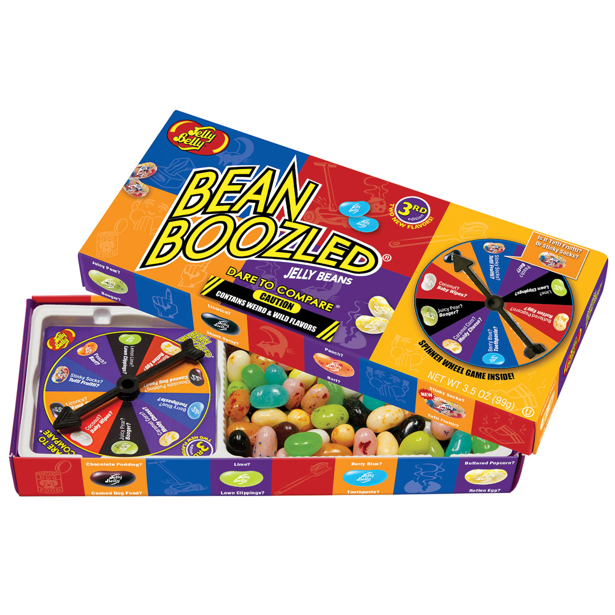 Jelly Belly Bean Boozled Game Драже жевательное + игра, 100 г71567990516 Jelly Belly Bean Boozled Game Драже жевательное + игра, 100 г71567990516Конфеты Jelly Belly в последнее время стали очень популярны за свой удивительный вкус, который передаётся на 100% правдоподобно. Так что эти конфеты действительно ну очень вкусные. Попробовав одну конфетку, будет сложно остановится! Набор содержит конфетки со странными вкусами: собачьего корма, вонючих носков, скошенной травы, детских подгузников, тухлого яйца, зубной пасты, рвоты и соплей. Такое драже станет превосходным подарком-розыгрышем для ваших друзей. Сыграйте в веселую игру - вращайте барабан и посмотрите, какой цвет вам выпал, а затем съешьте конфету указанного цвета. Вкусные и странные конфетки имеют одинаковый цвет. Тутти-фрутти или вонючие носки? Лайм или скошенная трава? Попкорн с маслом или тухлое яйцо? Голубика или зубная паста? Персик или рвота? Шоколадный пудинг или собачий корм? Сочная груша или сопли? Кокос или детские подгузники? Сравните эти невероятные и странные вкусы и разыграйте своих друзей! В комплект входит барабан для игры.