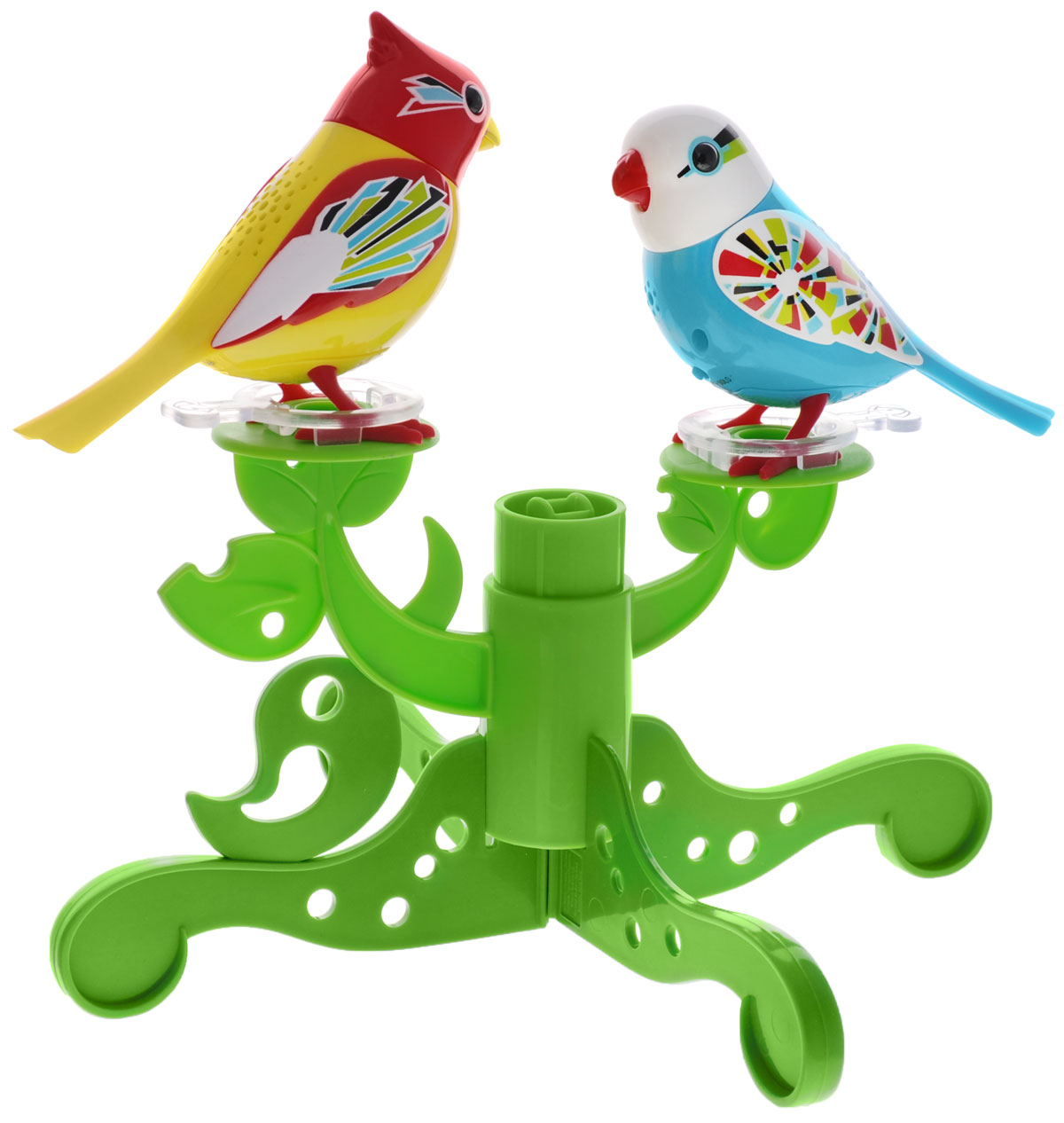 DigiBirds Интерактивный игровой набор Птички на дереве88237S DigiBirds Интерактивный игровой набор Птички на дереве88237SИнтерактивный игровой набор DigiBirds Птички на дереве включает в себя две интерактивные птички, дерево и свисток. Каждая птичка умеет выполнять разные действия: щебетать, петь песенки, при этом двигая головой и клювом. Если подуть на грудку птички, она начнет щебетать. Если подуть в свисток, птичка станет исполнять известную песенку. Игрушка воспроизводит свыше 55 музыкальных свистов. 2 режима работы игрушки: соло и хор. При переключении в режим хора можно последовательно подсоединять птичек к главной, в результате они будут вместе исполнять песенки вслед за главной птичкой и щебетать друг с другом. В комплекте с птичками идет дерево с местами крепления для птичек, которое можно перестраивать по своему вкусу, а также свисток. Игрушка развивает музыкальный слух, любовь к музыке и животным. Для работы игрушки необходимы 6 батареек (по 3 на каждую птичку) напряжением 1,5V типа AG13/LR44 (товар комплектуется демонстрационными).