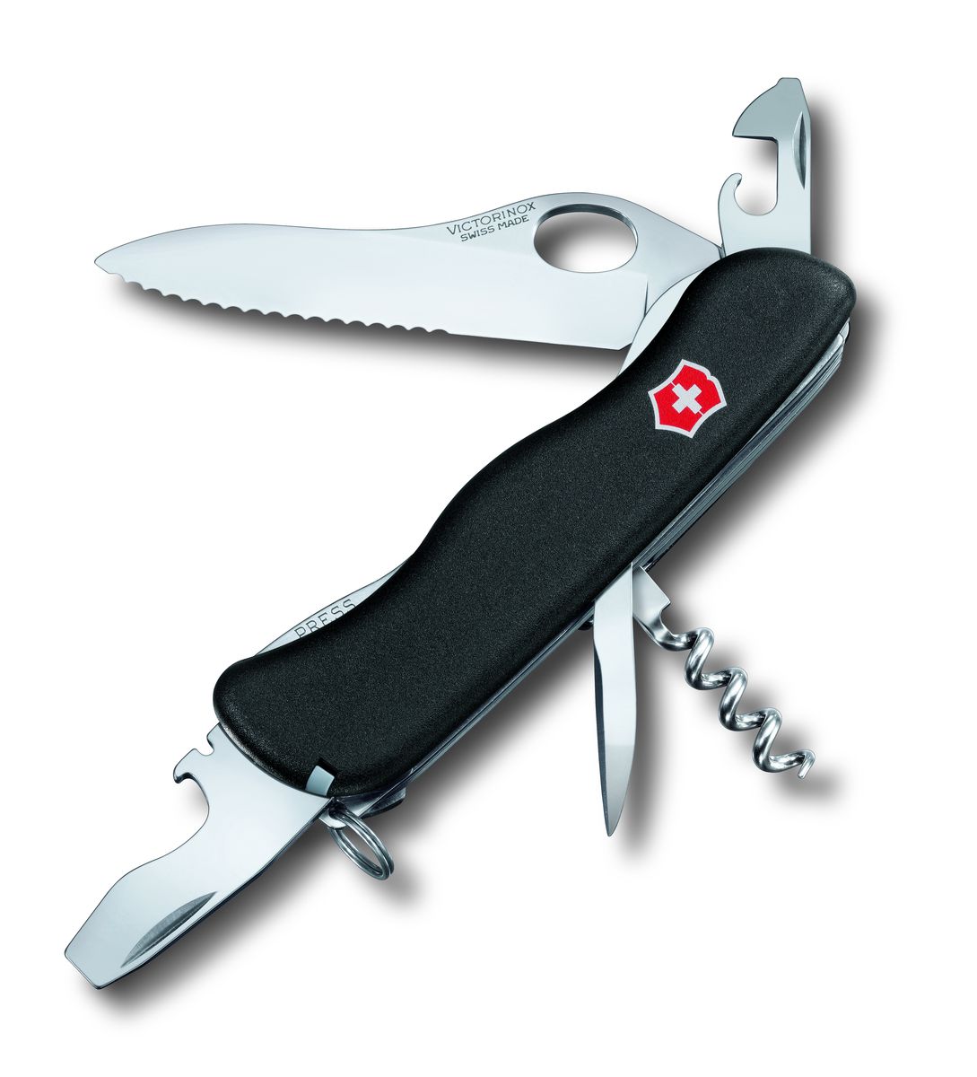 Нож перочинный Victorinox Nomad One Hand 0.8353.MW3, цвет: черный0.8353.MW3 Нож перочинный Victorinox Nomad One Hand 0.8353.MW3, цвет: черный0.8353.MW3Перочинный нож NOMAD имеет 11 функций: 1. Фиксирующееся лезвие с серейторной заточкой и петлёй для открывания одной рукой 2. Штопор 3. Консервный нож с: 4. – Малой отвёрткой 5. Фиксирующаяся открывалка для бутылок с: 6. – Отвёрткой 7. – Инструментом для снятия изоляции 8. Шило, кернер 9. Кольцо для ключей 10. Пинцет 11. Зубочистка Цвет рукояти: чёрный