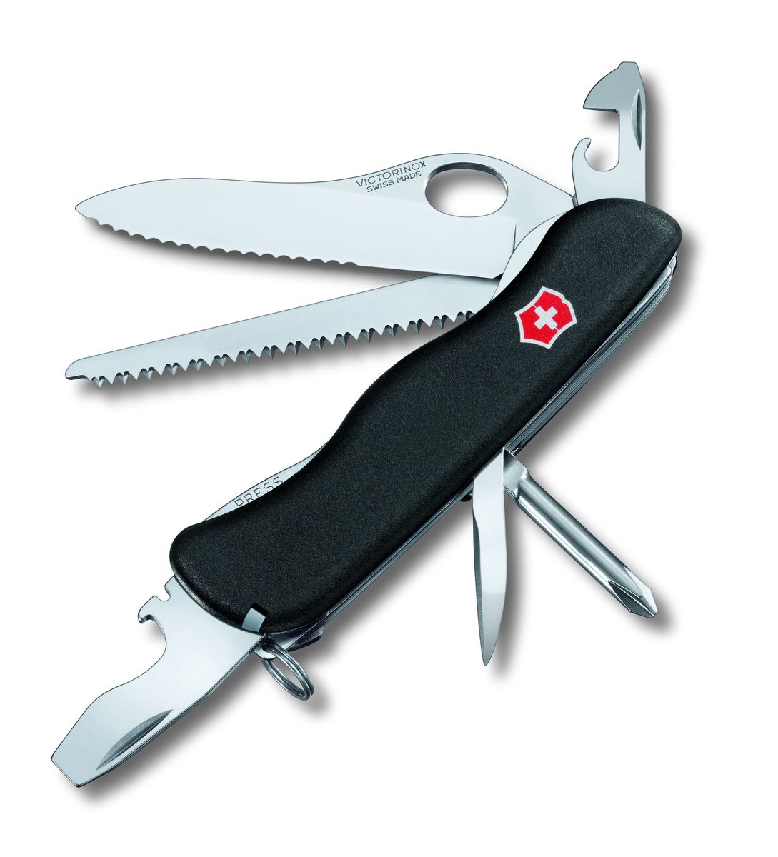 Нож перочинный Victorinox Trailmaster One Hand, цвет: черный, 12 функций, 11,1 см0.8463.MW3 Нож перочинный Victorinox Trailmaster One Hand, цвет: черный, 12 функций, 11,1 см0.8463.MW3Лезвие перочинного складного ножа Victorinox Trailmaster One Hand изготовлено из высококачественной нержавеющей стали. Ручка, выполненная из прочного пластика, обеспечивает надежный и удобный хват. Хорошее качество, надежный долговечный материал и эргономичная рукоятка - что может быть удобнее на природе или на пикнике! Функции ножа: Фиксирующееся лезвие с петлей для открывания одной рукой и серейторной заточкой. Крестовая отвертка. Консервный нож с малой отверткой. Фиксирующаяся открывалка для бутылок с отверткой. Инструментом для снятия изоляции. Шило, кернер. Кольцо для ключей. Пинцет. Зубочистка. Пила по дереву Длина ножа в сложенном виде: 11,1 см. Длина ножа в разложенном виде: 19,5 см.