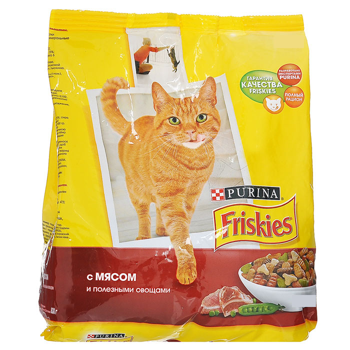 Корм сухой Friskies для домашних кошек, с мясом и полезными овощами, 10 кг29612_мясо, курица, овощи Корм сухой Friskies для домашних кошек, с мясом и полезными овощами, 10 кг29612_мясо, курица, овощиСухой корм Friskies с мясом и полезными овощами является полнорационным кормом для взрослых кошек. Кошки, живущие в домашних условиях, мало общаются с природой, поэтому им не достается многих преимуществ жизни на открытом воздухе. Поэтому корм Friskies для домашних кошек специально разработан для питомцев, большую часть времени живущих дома. Белок способствует укреплению мышц и дает энергию. Кальций, фосфор и витамин D важны для поддержания здоровья костей и зубов. Омега-6 жирные кислоты помогают поддерживать шерсть здоровой и блестящей. Таурин важен для хорошего зрения и здоровья сердца. Корм не содержит усилителей вкуса. Состав: злаки, мясо и продукты его переработки, продукты переработки овощей, растительный белок, жиры и масла, дрожжи, консерванты, минеральные вещества, витамины, красители, овощи и антиоксиданты. Добавленные вещества: МЕ/кг: витамин А 12500, витамин D3 1000; мг/кг6 железо 47,5, йод 1,5, медь 9, марганец 5, цинк...