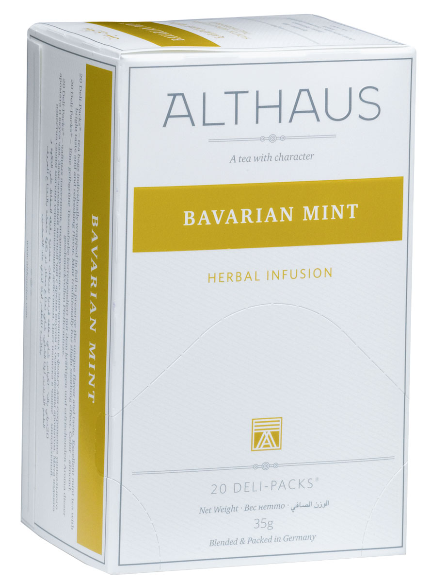 Althaus Bavarian Mint чай травяной в пакетиках, 20 штTALTHB-DP0023 Althaus Bavarian Mint чай травяной в пакетиках, 20 штTALTHB-DP0023Bavarian Mint - замечательный мятный напиток с ярким травянисто-сладковатым вкусом и бодрящим ментоловым ароматом. Мята может стать замечательной добавкой к традиционному чаю. Мята — одно из древнейших лекарственных растений. Благодаря содержанию особых эфирных масел мята оказывает мягкое успокаивающее воздействие и благотворно влияет на работу головного мозга. В каждой упаковке находится по 20 пакетиков чая для чашек. Страна: Германия. Температура воды: 85-100 °С. Время заваривания: 4-5 мин. Цвет в чашке: зеленовато-коричневый. Althaus - премиальная чайная коллекция. Чай, ингредиенты и ароматизаторы для своих купажей компания Althaus получает от тщательно выбираемых чайных садов, мировых поставщиков высококачественных сублимированных фруктов и трав, а также ведущих европейских производителей ароматизаторов. Пакетик Deli Pack представляет собой порционный двухкамерный мешочек из фильтр-бумаги, запаянный в специальный термоконверт с ...