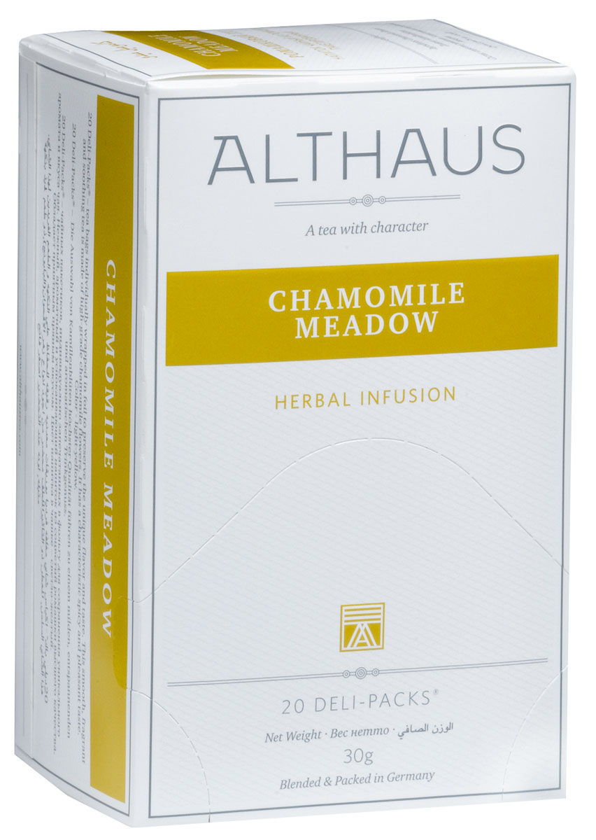 Althaus Camomile Meadow чай травяной в пакетиках, 20 штTALTHB-DP0022 Althaus Camomile Meadow чай травяной в пакетиках, 20 штTALTHB-DP0022Camomile Meadow — это сбор ароматных соцветий ромашки высшего качества. Ромашка идеально подходит для вечернего чаепития: этот чай с характерным пряно-цветочным вкусом и мягким ароматом снимает стресс и успокаивает. Ромашка считалась универсальным лекарственным средством с давних времен. Напиток из ромашки богат витамином C, не содержит кофеина и оказывает общеукрепляющее воздействие на здоровье человека. В упаковке находится по 20 пакетиков чая для чашек. Страна: Китай, ЮАР, Германия Температура воды: 85-100 °С Время заваривания: 4-5 мин Цвет в чашке: светло-желтый Althaus - премиальная чайная коллекция. Чай, ингредиенты и ароматизаторы для своих купажей компания Althaus получает от тщательно выбираемых чайных садов, мировых поставщиков высококачественных сублимированных фруктов и трав, а также ведущих европейских производителей ароматизаторов. Пакетик Deli Pack представляет собой порционный двухкамерный мешочек из...