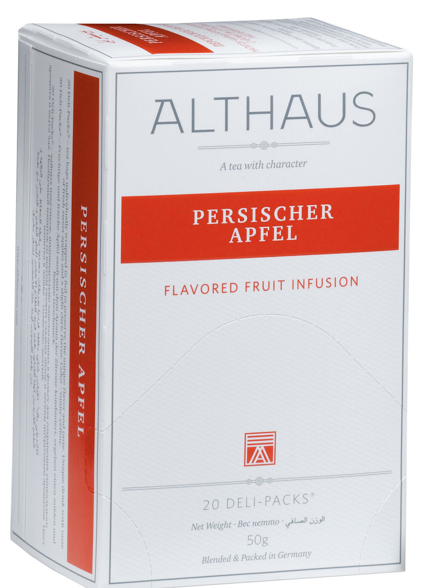 Althaus Persischer Apfel чай фруктовый в пакетиках, 20 штTALTHB-DP0026 Althaus Persischer Apfel чай фруктовый в пакетиках, 20 штTALTHB-DP0026Persischer Apfel - уникальный фруктовый напиток со вкусом свежих яблок и тонким ароматом цитрусовых. Этот чай обладает нежным гармоничным вкусом с легкой кислинкой, которая мгновенно переходит в обволакивающую сладость. Яблочный чай, богатый витаминами, укрепляет здоровье и повышает тонус. Этот напиток прекрасно сочетается с десертами, содержащими корицу. В каждой упаковке находится по 20 пакетиков чая для чашек. Страна: Германия. Температура воды: 85-100 °С. Время заваривания: 4-6 мин. Цвет в чашке: солнечный желтый. Althaus - премиальная чайная коллекция. Чай, ингредиенты и ароматизаторы для своих купажей компания Althaus получает от тщательно выбираемых чайных садов, мировых поставщиков высококачественных сублимированных фруктов и трав, а также ведущих европейских производителей ароматизаторов. Пакетик Deli Pack представляет собой порционный двухкамерный мешочек из фильтр-бумаги, запаянный в специальный термоконверт с алюминиевой...