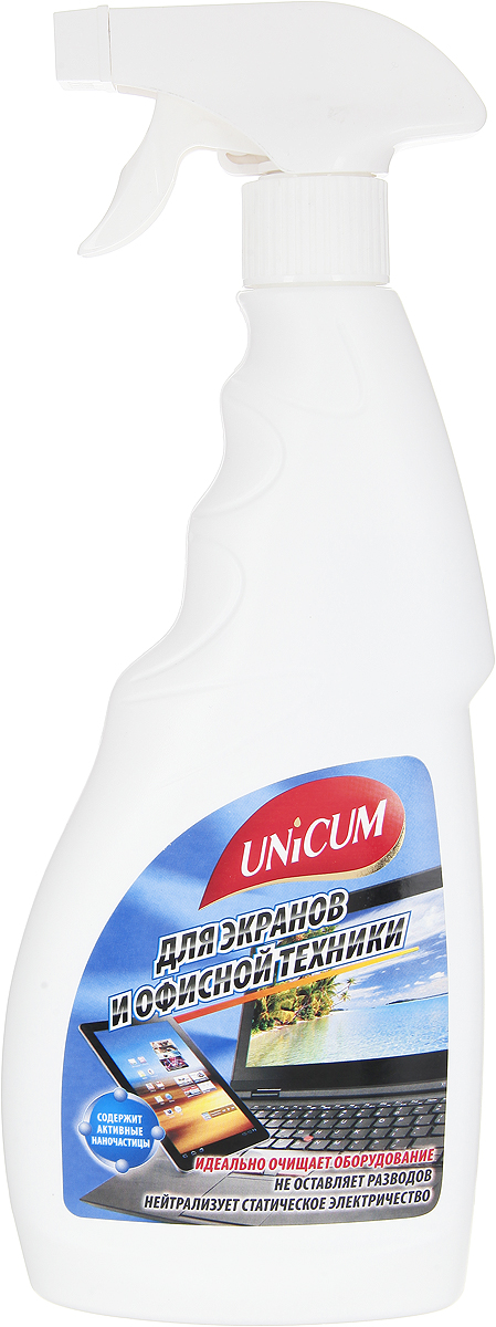 Средство для чистки офисной техники и экранов Unicum, 500 мл300322 Средство для чистки офисной техники и экранов Unicum, 500 мл300322Высокоэффективное средство Unicum для легкой и мягкой очистки всех типов современного бытового и офисного электронного оборудования: компьютеров, ноутбуков, телевизоров, копировальной техники, телефонов, в том числе с LCD и LED дисплеями, включая экраны тач-скрин, а также очистки диоптрических, солнцезащитных и 3D-очков. Средство быстро удаляет пыль, грязь, следы от высохших капель воды, следы от рук, не дает разводов, не нарушает антибликовых покрытий и оставляет защитный нанослой, препятствующий налипанию пыли и последующим загрязнениям. Состав: деминерализованная вода, изопропанол <5%, НПАВ <5%, модификатор поверхности <5%, ароматизатор <5%, краситель <5%, консервант <5%.