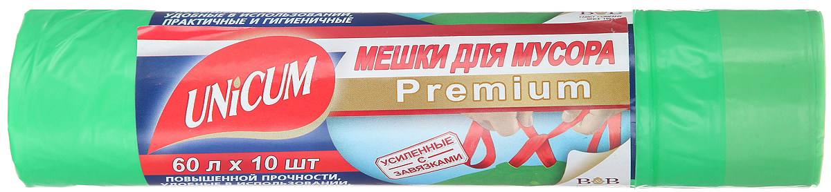 Мешки для мусора Unicum Premium, с завязками, цвет: зеленый, 60 л, 10 шт305525 Мешки для мусора Unicum Premium, с завязками, цвет: зеленый, 60 л, 10 шт305525Мешки для мусора Unicum Premium выполнены из первичного полиэтилена высокого давления. Мешки прочные и крепкие, способны выдерживать большие объемы мусора. Благодаря прочным ручкам удобны в переноске, в завязанном виде предотвращают распространение неприятного запаха. Возможно использование для временного хранения вещей. Материал: первичный полиэтилен высокого давления. Количество: 10 шт.