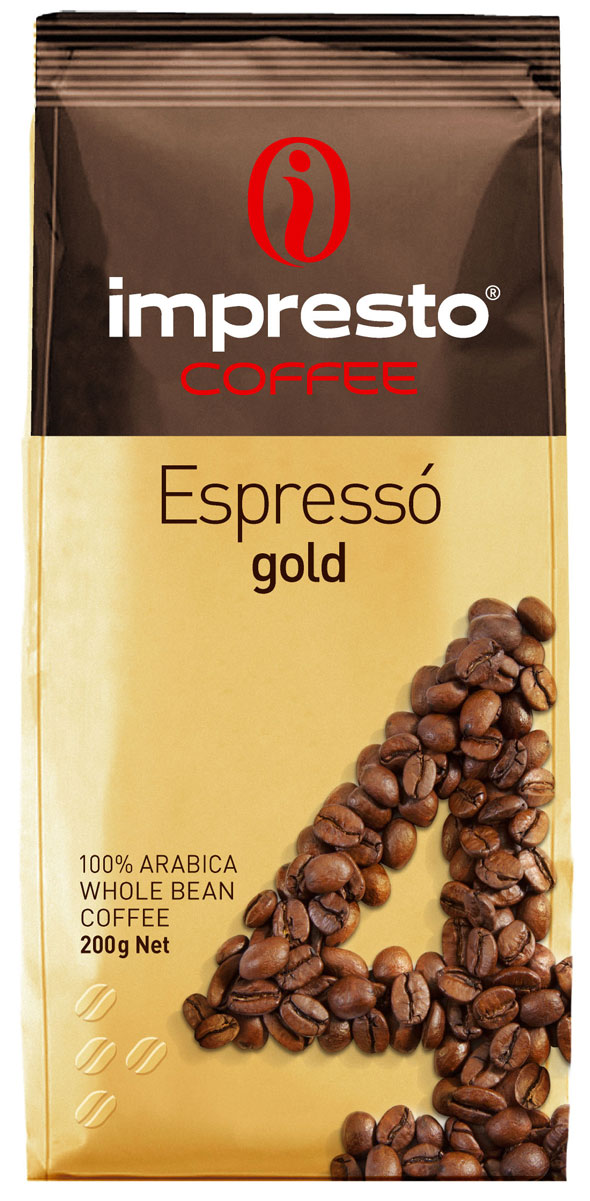 Impresto Espresso Gold кофе в зернах, 200 гCIMPCH-000008 Impresto Espresso Gold кофе в зернах, 200 гCIMPCH-000008Отборный купаж для настоящих гурманов. Секрет этого кофе в безупречной гармонии моносортов с лучших плантаций мира. В ароматной чашечке эспрессо вы откроете для себя неповторимую глубину аромата и нежность долгого послевкусия. Страна: Кения, Бразилия. Коллекция Impresto – это особая линейка с оригинальными рецептурами из 100% арабики и сбалансированных купажей с робустой, а также декофеинизированный кофе и фильтр-смеси. Мы с радостью предоставляем возможность каждому ценителю кофе приготовить дома превосходный утренний американо, послеобеденную чашечку эспрессо и вечерний кофе с молоком. Купажи Impresto – это зерно с лучших плантаций мира, мастерство европейского обжарщика, тщательное купажирование и высокотехнологичное производство с приверженностью к итальянским кофейным традициям. Impresto – это не только качественный кофе, но и бренд с насыщенной эмоциональной составляющей. Impressive, rest, espresso, restaurant, presto – все это несет в себе Impresto....