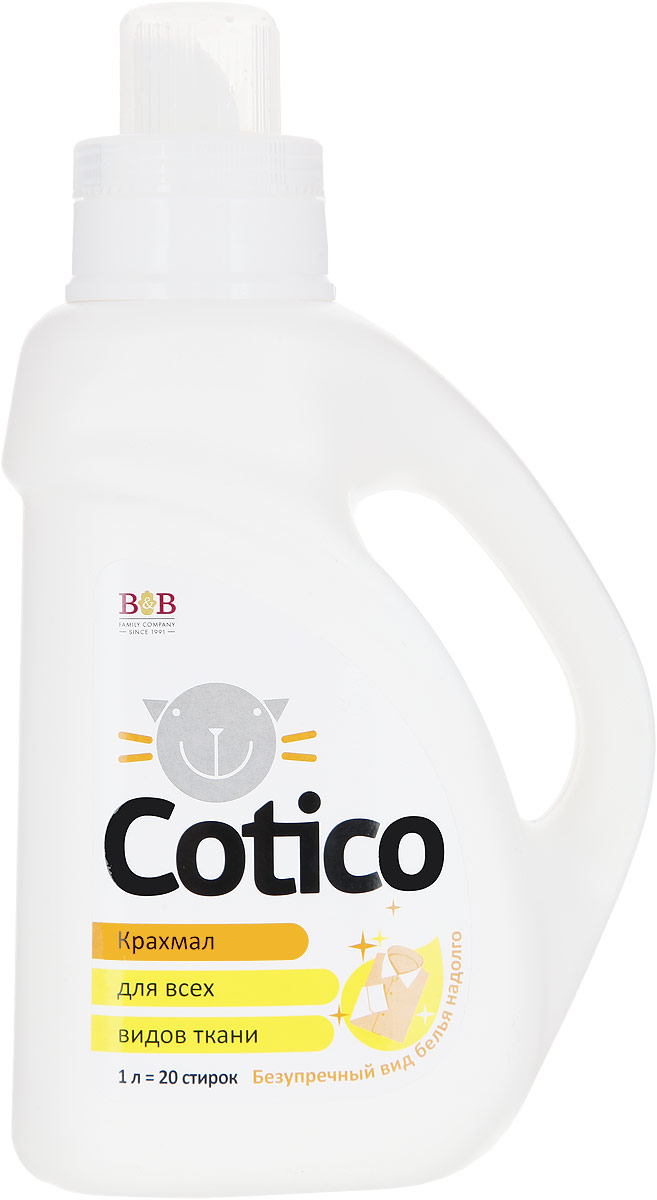 Крахмал для всех видов ткани Cotico, 1 л302166 Крахмал для всех видов ткани Cotico, 1 л302166Эффективное средство Cotico предназначено для мягкого подкрахмаливания любых тканей. Применяйте как ополаскиватель после стирки. Придает белью приятный аромат свежести. Снижает сминаемость белья при отжиме и сушке, облегчает глажение. Подходит для машин любого типа и для ручного ополаскивания. Состав: деминерализованная вода, подкрахмаливающее вещество 5-15%, функциональные добавки 5-15%, парфюмерная композиция <5%, консервант <5%.