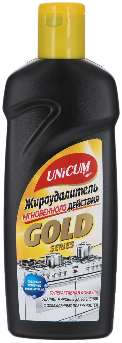 Жироудалитель Unicum Gold, 380 мл300346 Жироудалитель Unicum Gold, 380 мл300346Жироудалитель Unicum Gold - особое средство для мгновенного удаления самых стойких застарелых и подгоревших масложировых загрязнений, нагара, копоти с поверхностей кухонных плит, духовых шкафов, грилей, кастрюль, сковородок, пароуловителей, кафельной плитки, в том числе и с охлажденных поверхностей. Состав: очищенная вода, менее 5% НПАВ, 5-15% щелочные (алкальные) компоненты, 5-15% растворители, менее 5% функциональные добавки, менее 5% краситель. Товар сертифицирован.