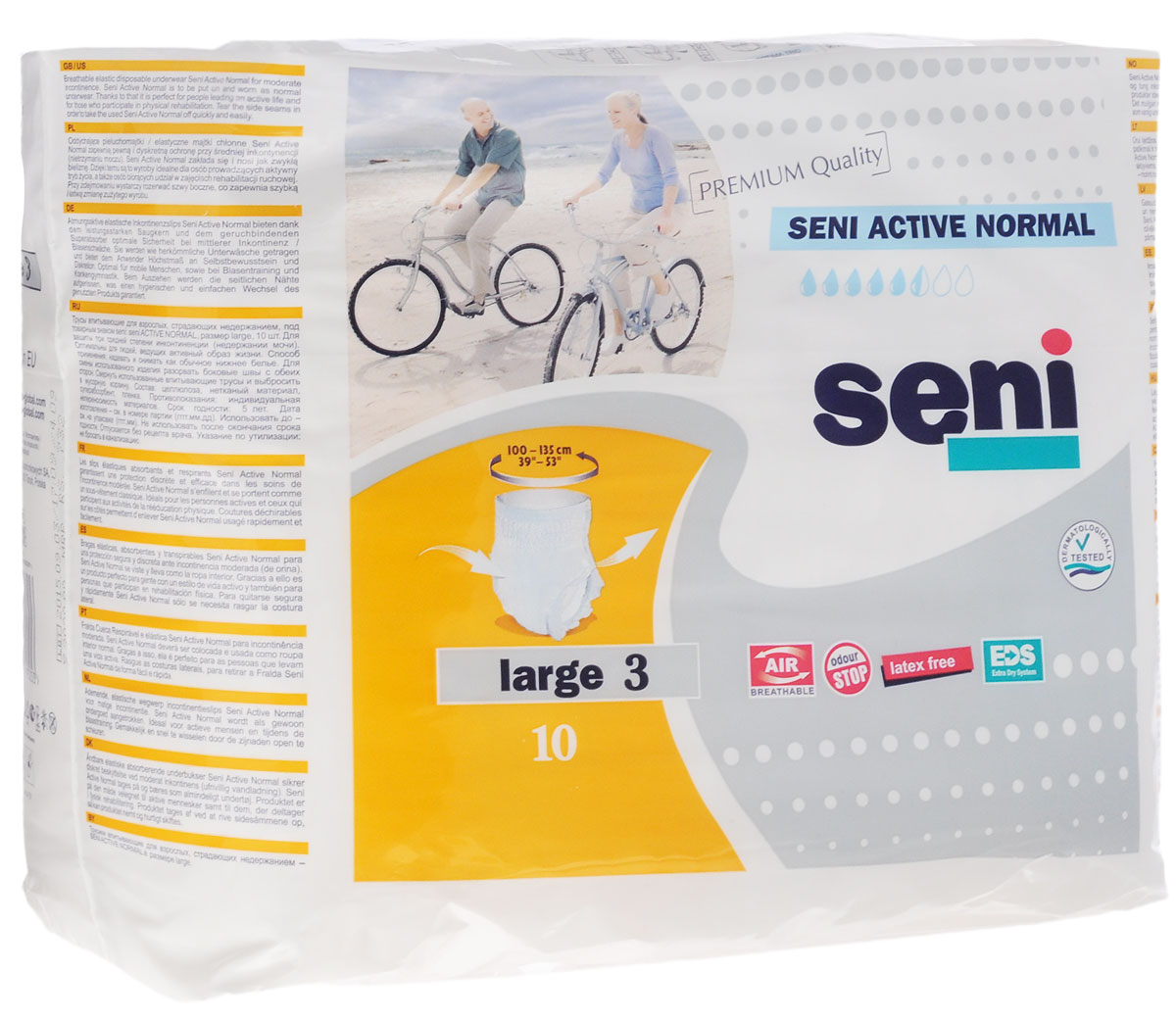 Seni Трусы впитывающие одноразовые для взрослых Seni Active Normal Large 10 штSE-096-LA10-RU0 Seni Трусы впитывающие одноразовые для взрослых Seni Active Normal Large 10 штSE-096-LA10-RU0Впитывающие трусы Seni Active Normal предназначены для людей, страдающих средней формой инконтиненции (недержания). Оптимальное решение для тех, кто ведет активный образ жизни. Трусы удобны в применении: их можно одевать и снимать, как обычное белье. Подходят как для женщин, так и для мужчин. Дышащий (паропроницаемый) внешний слой позволяет снизить риск возникновения раздражений и опрелостей. Анатомическая форма и эластичная манжета вокруг бедер гарантируют оптимальное прилегание к телу. Трусы также содержат гидрофобные боковые внутренние бортики - это дополнительная защита от протекания по бокам. Мягкий нетканый материал на поверхности, двойной впитывающий слой с антибактериальным абсорбентом обеспечивают высокую впитываемость и нейтрализацию неприятного запаха. Окружность подгузников по талии 100-135 см.