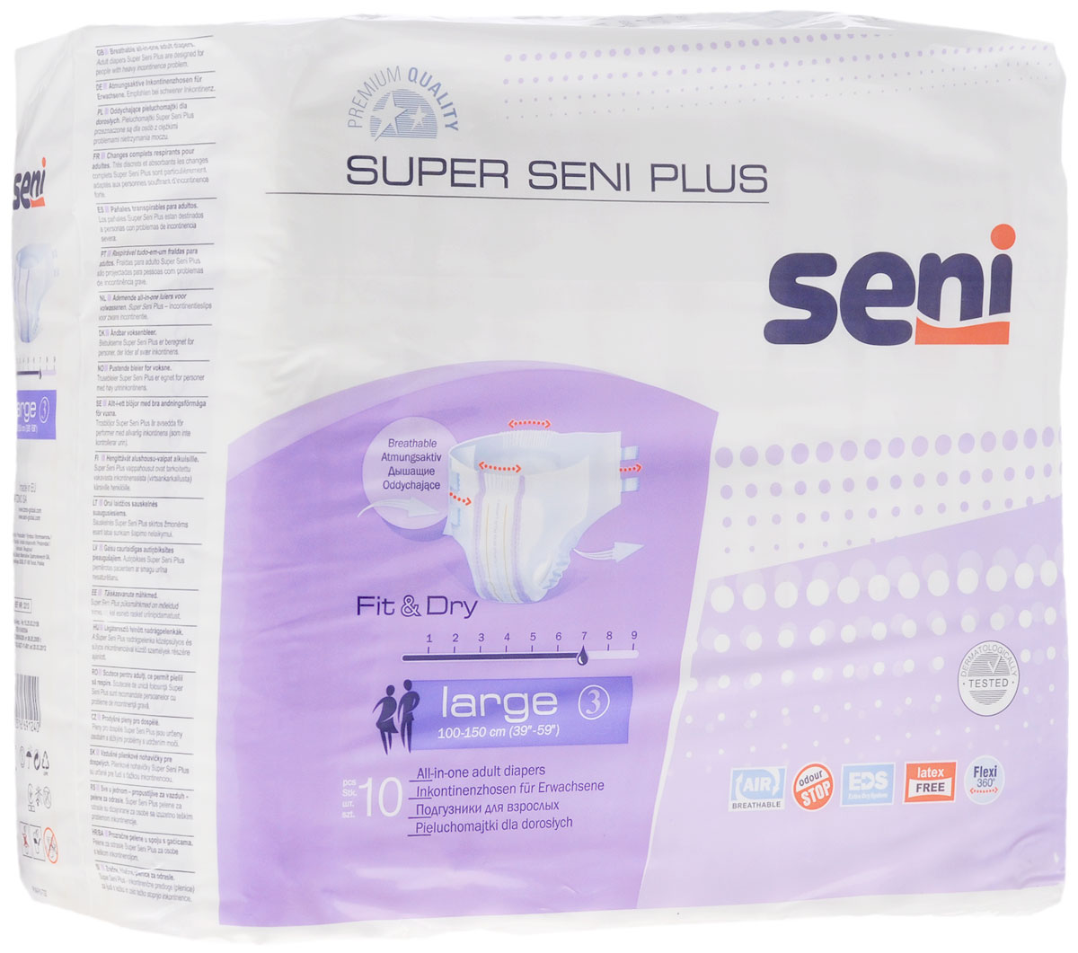 Seni Подгузники для взрослых Super Seni Plus Large 10 штSE-094-LA10-A02 Seni Подгузники для взрослых Super Seni Plus Large 10 штSE-094-LA10-A02Подгузники для взрослых Super Seni Plus с повышенной впитываемостью предназначены для людей, страдающих тяжелой формой инконтиненции (недержания). Особенно удобны для малоподвижных и лежачих пациентов. Дышащий (паропроницаемый) внешний слой позволяет снизить риск возникновения раздражений и опрелостей. Эластичная резинка в поясе сзади и эластичные застежки-липучки гарантируют оптимальное прилегание к телу. Распределяющий слой EDS быстро и равномерно впитывает жидкость, что обеспечивает более полное ощущение сухости. Подгузники также содержат гидрофобные боковые внутренние бортики - это дополнительная защита от протекания. Мягкий нетканый материал на поверхности, двойной впитывающий слой с антибактериальным абсорбентом обеспечивают высокую впитываемость и нейтрализацию неприятного запаха. Могут использоваться как при недержании мочи, так и при недержании кала. Окружность подгузников по талии 100-150 см.