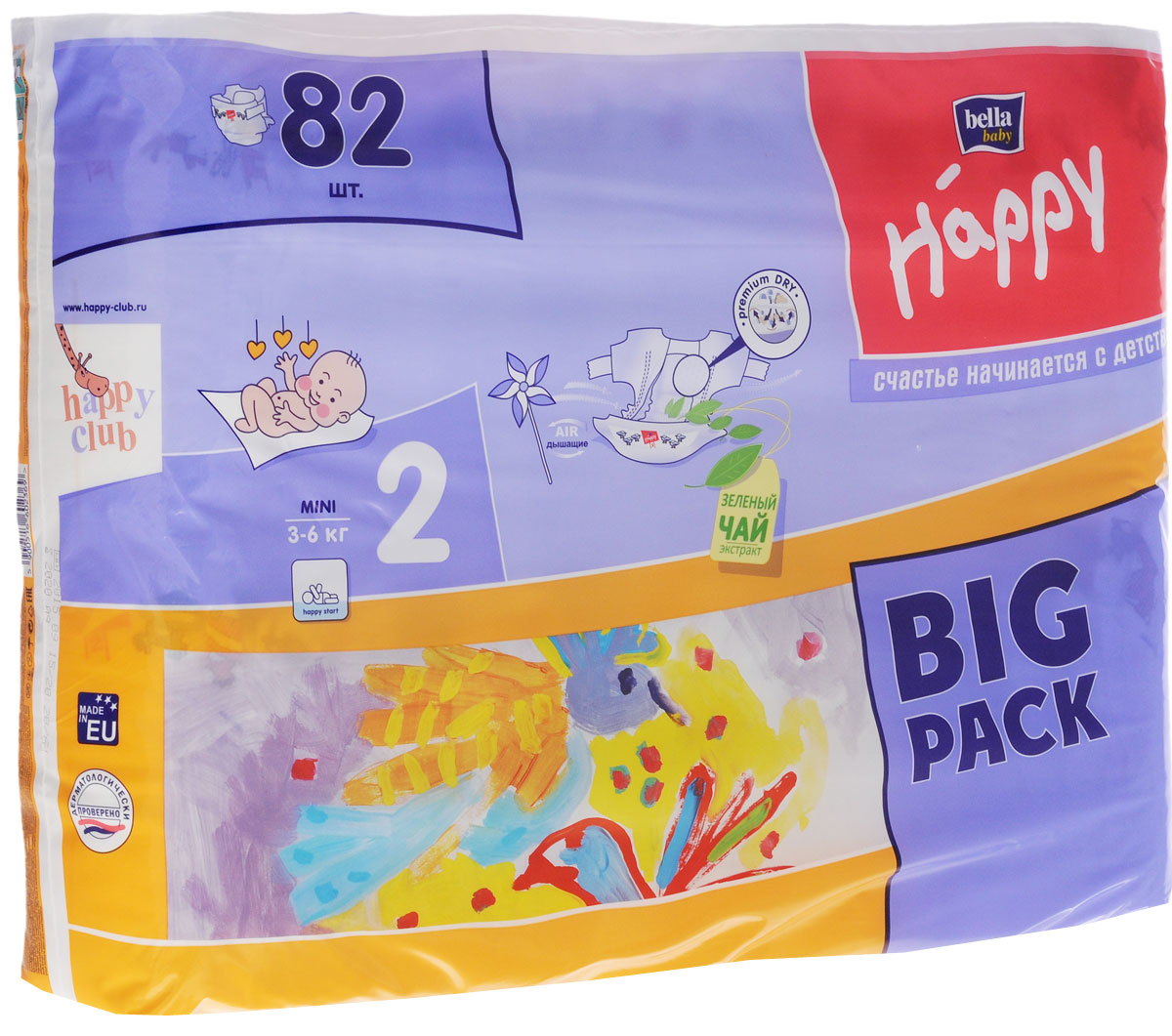 Bella Подгузники для детей Baby Happy размер Mini 2 3-6 кг 82 штBB-054-MI82-002 Bella Подгузники для детей Baby Happy размер Mini 2 3-6 кг 82 штBB-054-MI82-002Bella Подгузники для детей Baby Happy предназначены для младенцев с весом от 3 до 6 килограммов. На данном этапе развития ребенок еще не активен в движении, поэтому в данный период самым важным является ощущение сухости и спокойный сон. Благодаря дышащему внешнему слою они обеспечивают постоянный доступ воздуха к нежной коже малыша. Супервпитывающий вкладыш покрыт мягким нетканым материалом со структурой микроворонок - Premium Dry, которая благодаря своей конструкции позволяет впитывать не только мочу, но и жидкий стул. Жидкий стул, характерный для маленьких детей, из-за своей слегка кислой реакции, может раздражать кожу, поэтому чрезвычайно важно как можно быстрее изолировать его от нежной попки ребенка. Эластичные оборки, которые находятся внутри боковой части подгузника, удерживают содержимое на месте, предотвращая боковые протекания и повышая тем самым комфорт использования подгузника. Надлежащую фиксацию обеспечивают крепкие липучки, правильно надеть подгузник...