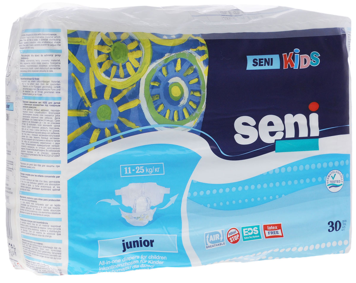 Seni Подгузники Kids Junior для детей с ограниченными возможностями вес 11-25 кг 30 штSE-094-JU30-A01 Seni Подгузники Kids Junior для детей с ограниченными возможностями вес 11-25 кг 30 штSE-094-JU30-A01Подгузники для детей с ограниченными возможностями Seni Kids для защиты при недержании у детей младшего возраста весом 11-25 кг. Дышащий (паропроницаемый) внешний слой позволяет снизить риск возникновения раздражений и опрелостей. Эластичная резинка в поясе сзади и эластичные застежки-липучки гарантируют оптимальное прилегание к телу. Распределяющий слой EDS быстро и равномерно впитывает жидкость, что обеспечивает более полное ощущение сухости. Подгузники также содержат гидрофобные боковые внутренние бортики - это дополнительная защита от протекания, а эластичные элементы без латекса снижают риск аллергических реакций у детей, склонных к аллергии на латекс. Боковые части подгузника изготовлены из нетканого материала, который обеспечивает свободную циркуляцию воздуха. Подходят и для девочек, и для мальчиков.