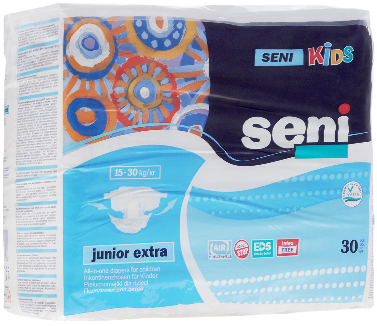 Seni Подгузники Kids Junior Extra для детей с ограниченными возможностями вес 15-30 кг 30 штSE-094-JX30-A01 Seni Подгузники Kids Junior Extra для детей с ограниченными возможностями вес 15-30 кг 30 штSE-094-JX30-A01Подгузники для детей с ограниченными возможностями Seni Kids для защиты при недержании у детей младшего возраста весом 15-30 кг. Дышащий (паропроницаемый) внешний слой позволяет снизить риск возникновения раздражений и опрелостей. Эластичная резинка в поясе сзади и эластичные застежки-липучки гарантируют оптимальное прилегание к телу. Распределяющий слой EDS быстро и равномерно впитывает жидкость, что обеспечивает более полное ощущение сухости. Подгузники также содержат гидрофобные боковые внутренние бортики - это дополнительная защита от протекания, а эластичные элементы без латекса снижают риск аллергических реакций у детей, склонных к аллергии на латекс. Боковые части подгузника изготовлены из нетканого материала, который обеспечивает свободную циркуляцию воздуха. Подходят и для девочек, и для мальчиков.