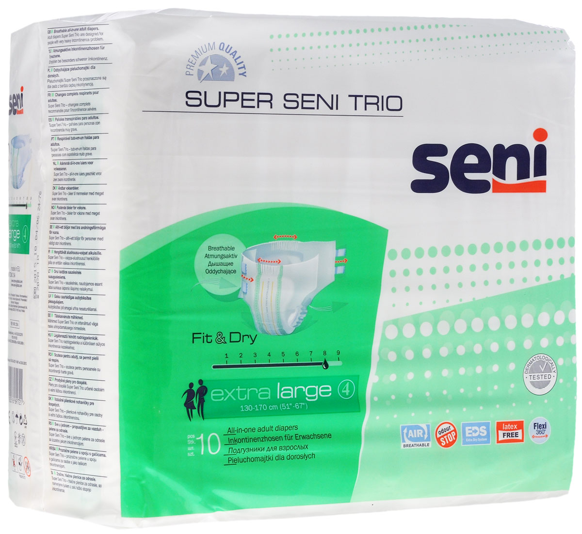 Seni Подгузники для взрослых Super Seni Trio Extra Large 10 штSE-094-XL10-A03 Seni Подгузники для взрослых Super Seni Trio Extra Large 10 штSE-094-XL10-A03Подгузники для взрослых Super Seni Trio с повышенной впитываемостью предназначены для людей, страдающих очень тяжелой формой инконтиненции (недержания). Особенно удобны для малоподвижных и лежачих пациентов. Дышащий (паропроницаемый) внешний слой позволяет снизить риск возникновения раздражений и опрелостей. Эластичная резинка в поясе сзади и эластичные застежки-липучки гарантируют оптимальное прилегание к телу. Распределяющий слой EDS быстро и равномерно впитывает жидкость, что обеспечивает более полное ощущение сухости. Подгузники также содержат гидрофобные боковые внутренние бортики - это дополнительная защита от протекания. Мягкий нетканый материал на поверхности, двойной впитывающий слой с антибактериальным абсорбентом обеспечивают высокую впитываемость и нейтрализацию неприятного запаха. Могут использоваться как при недержании мочи, так и при недержании кала. Окружность подгузников по талии 130-170 см.