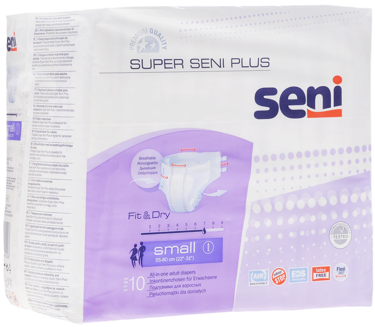 Seni Подгузники для взрослых Super Seni Plus Small 10 штSE-094-SM10-A02 Seni Подгузники для взрослых Super Seni Plus Small 10 штSE-094-SM10-A02Подгузники для взрослых Super Seni Plus с повышенной впитываемостью предназначены для людей, страдающих тяжелой формой инконтиненции (недержания). Особенно удобны для малоподвижных и лежачих пациентов. Дышащий (паропроницаемый) внешний слой позволяет снизить риск возникновения раздражений и опрелостей. Эластичная резинка в поясе сзади и эластичные застежки-липучки гарантируют оптимальное прилегание к телу. Распределяющий слой EDS быстро и равномерно впитывает жидкость, что обеспечивает более полное ощущение сухости. Подгузники также содержат гидрофобные боковые внутренние бортики - это дополнительная защита от протекания. Мягкий нетканый материал на поверхности, двойной впитывающий слой с антибактериальным абсорбентом обеспечивают высокую впитываемость и нейтрализацию неприятного запаха. Могут использоваться как при недержании мочи, так и при недержании кала. Окружность подгузников по талии 55-80 см.