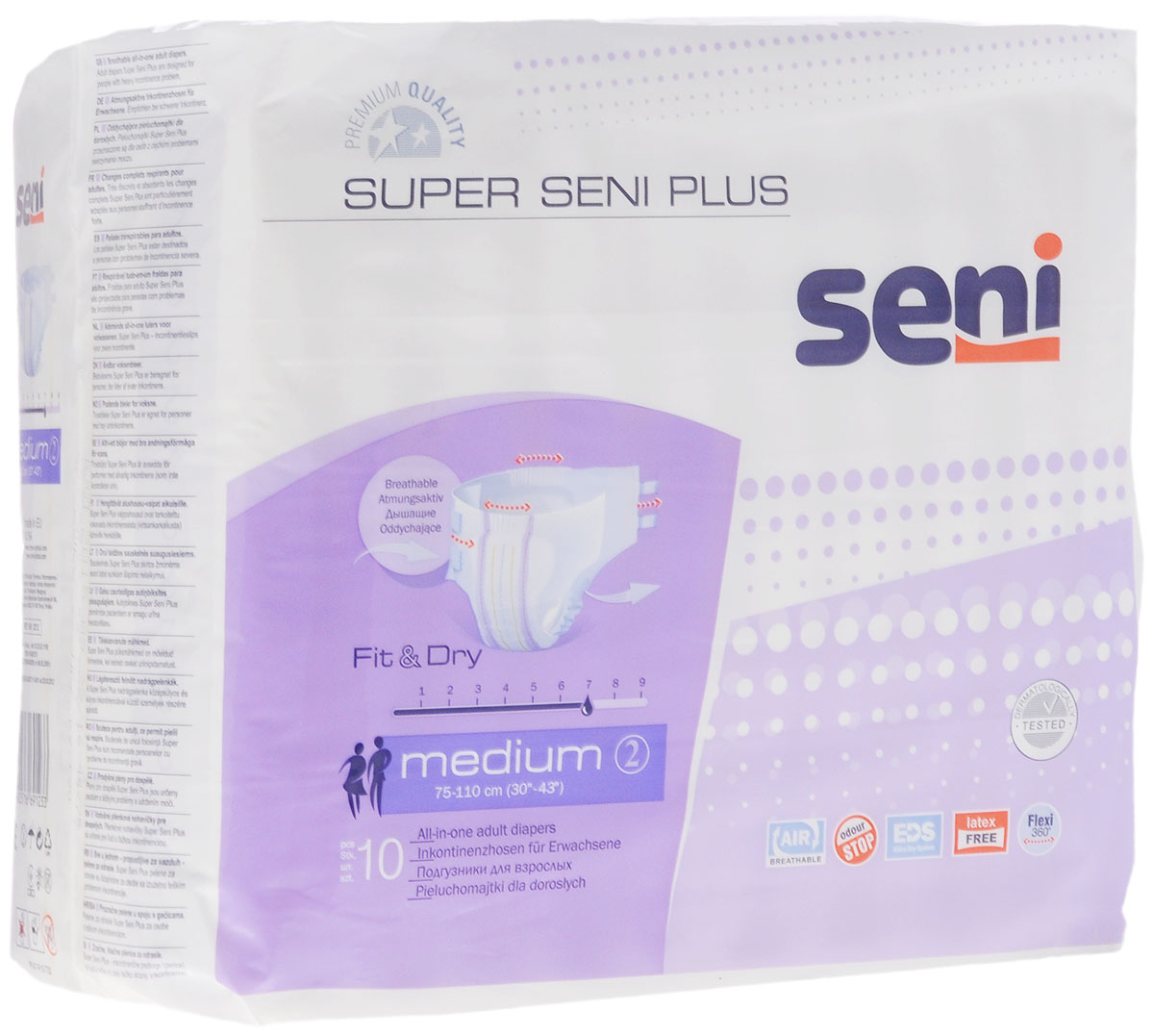 Seni Подгузники для взрослых Super Seni Plus Medium 10 штSE-094-ME10-A02 Seni Подгузники для взрослых Super Seni Plus Medium 10 штSE-094-ME10-A02Подгузники для взрослых Super Seni Plus с повышенной впитываемостью предназначены для людей, страдающих тяжелой формой инконтиненции (недержания). Особенно удобны для малоподвижных и лежачих пациентов. Дышащий (паропроницаемый) внешний слой позволяет снизить риск возникновения раздражений и опрелостей. Эластичная резинка в поясе сзади и эластичные застежки-липучки гарантируют оптимальное прилегание к телу. Распределяющий слой EDS быстро и равномерно впитывает жидкость, что обеспечивает более полное ощущение сухости. Подгузники также содержат гидрофобные боковые внутренние бортики - это дополнительная защита от протекания. Мягкий нетканый материал на поверхности, двойной впитывающий слой с антибактериальным абсорбентом обеспечивают высокую впитываемость и нейтрализацию неприятного запаха. Могут использоваться как при недержании мочи, так и при недержании кала. Окружность подгузников по талии 75-110 см.