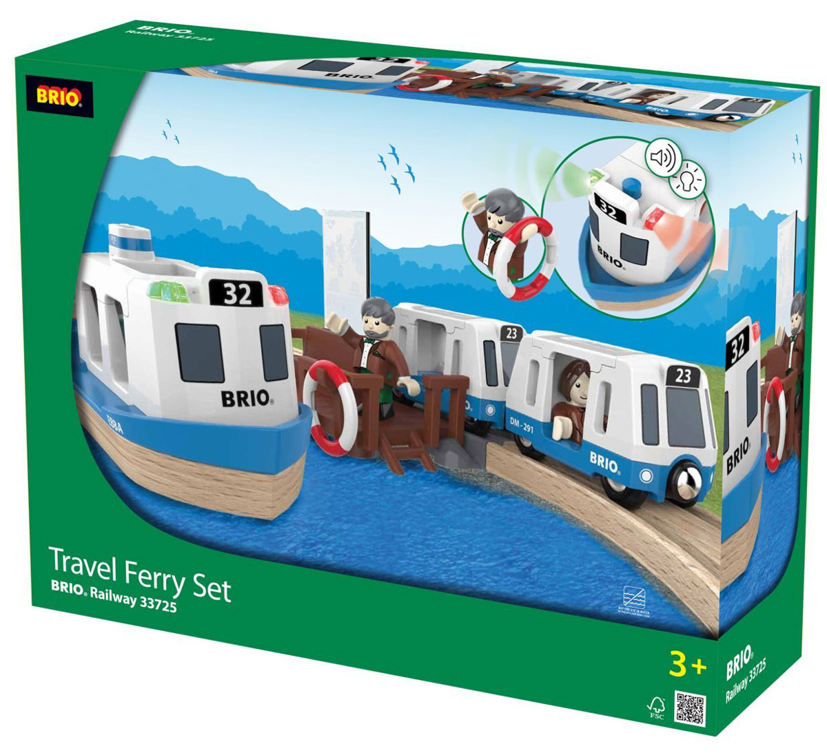 Brio Железная дорога с паромом и поездом33725 Brio Железная дорога с паромом и поездом33725Железная дорога с паромом и поездом Brio обязательно привлечет внимание вашего ребенка и не позволит ему заскучать. Пассажирский поезд, состоящий из двух вагонов, подъезжает к станции. Двери вагонов открываются и пассажиры шумной толпой выходят из вагонов, направляясь к морской пристани. К пристани причаливает пассажирский паром, в него садятся пассажиры и он медленно отплывает от пристани. Морское путешествие начинается... Паром снабжен звуковыми и световыми сигналами, в том числе сигналом присоединения парома к причалу. Ножки и ручки фигурок человечков сгибаются, что позволяет их посадить в вагоны поезда и паром. Вагончики соединяются друг с другом с помощью магнита. Набор совместим со всеми железными дорогами и паровозиками Brio. Ваш ребенок часами будет играть с такой железной дорогой, придумывая различные истории. Порадуйте его таким замечательным подарком! Рекомендуется докупить 2 батарейки типа LR44 (товар комплектуется...