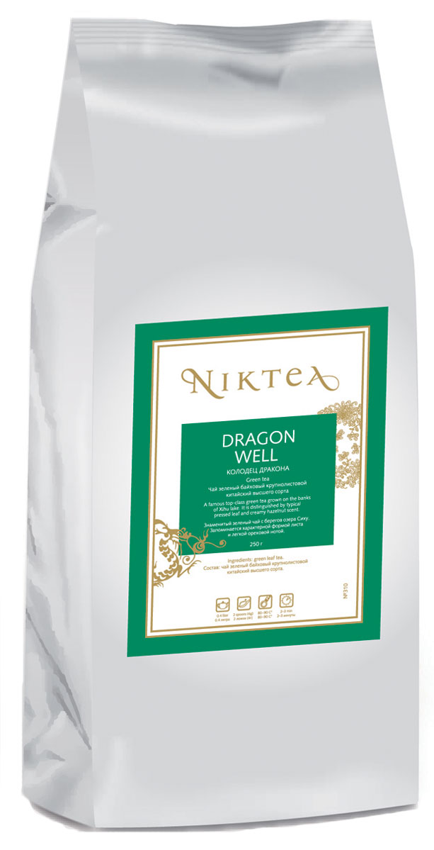 Niktea Dragon Well зеленый листовой чай, 250 гTALTHA-DP0011 Niktea Dragon Well зеленый листовой чай, 250 гTALTHA-DP0011Niktea Dragon Well - знаменитый зеленый чай с берегов озера Сиху. Запоминается характерной формой листа и легкой ореховой нотой. NikTea следует правилу качество чая - это отражение качества жизни и гарантирует: Тщательно подобранные рецептуры в коллекции топовых позиций-бестселлеров. Контролируемое производство и сертификацию по международным стандартам. Закупку сырья у надежных поставщиков в главных чаеводческих районах, а также в основных центрах тимэйкерской традиции - Германии и Голландии. Постоянство качества по строго утвержденным стандартам. NikTea - это два вида фасовки - линейки листового и пакетированного чая в удобной технологичной и информативной упаковке. Чай обладает многофункциональным вкусоароматическим профилем и подходит для любого типа кухни, при этом постоянно осуществляет оптимизацию базовой коллекции в соответствии с новыми тенденциями чайного рынка. Листовая коллекция NikTea представлена в...