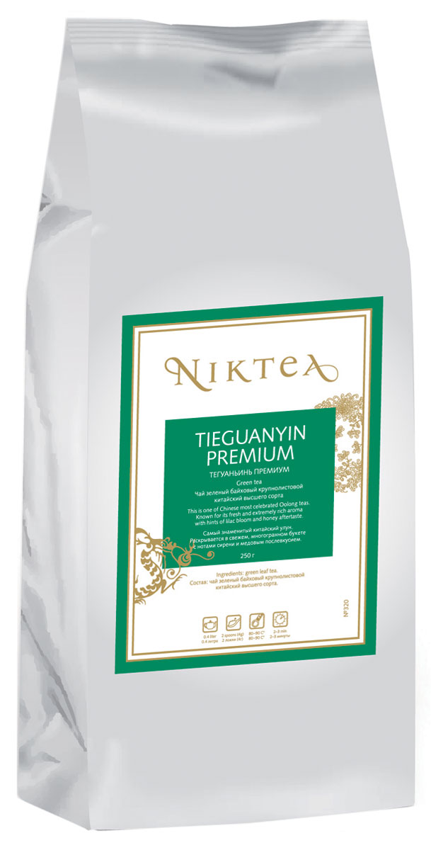Niktea Tieguanyin Premium зеленый листовой чай, 250 гTALTHA-DP0028 Niktea Tieguanyin Premium зеленый листовой чай, 250 гTALTHA-DP0028Niktea Tieguanyin Premium - самый знаменитый китайский улун. Раскрывается в свежем, многогранном букете с нотами сирени и медовым послевкусием. NikTea следует правилу качество чая - это отражение качества жизни и гарантирует: Тщательно подобранные рецептуры в коллекции топовых позиций-бестселлеров. Контролируемое производство и сертификацию по международным стандартам. Закупку сырья у надежных поставщиков в главных чаеводческих районах, а также в основных центрах тимэйкерской традиции - Германии и Голландии. Постоянство качества по строго утвержденным стандартам. NikTea - это два вида фасовки - линейки листового и пакетированного чая в удобной технологичной и информативной упаковке. Чай обладает многофункциональным вкусоароматическим профилем и подходит для любого типа кухни, при этом постоянно осуществляет оптимизацию базовой коллекции в соответствии с новыми тенденциями чайного рынка. Листовая коллекция NikTea...