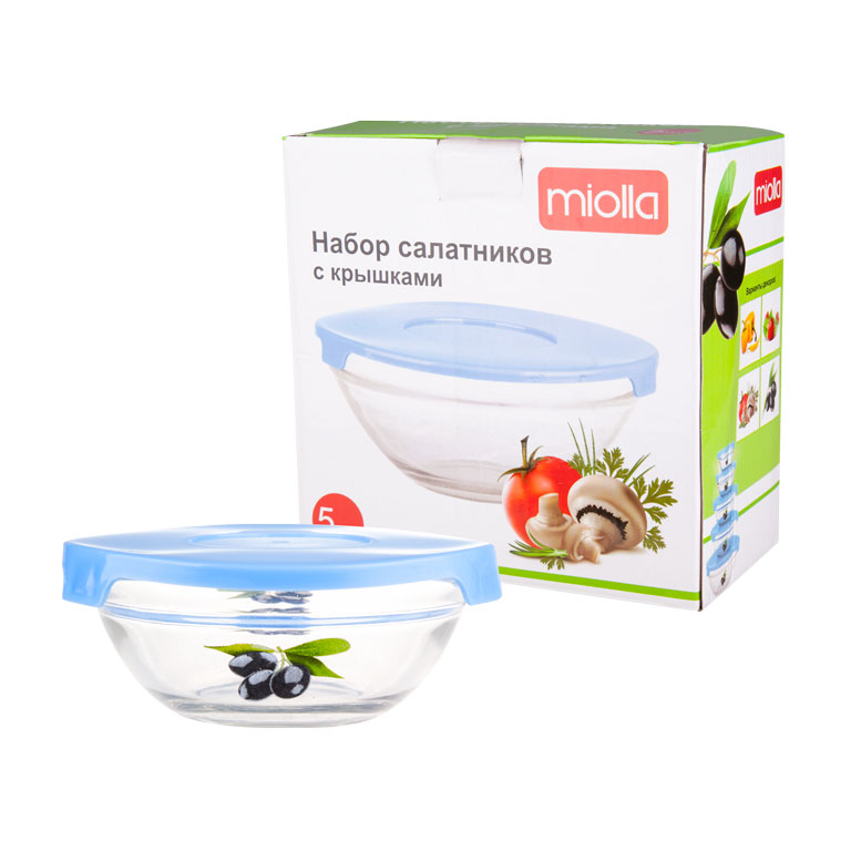 Набор салатников Miolla Оливки, с крышками, цвет: прозрачный, синий, 10 предметов2003293U Набор салатников Miolla Оливки, с крышками, цвет: прозрачный, синий, 10 предметов2003293UНабор Miolla Оливки состоит из пяти круглых салатников. Изделия выполнены из прочного натрий-кальций- силикатного стекла и оснащены пластиковыми крышками. Такие салатники отлично подойдут для сервировки закусок, нарезок, салатов и других блюд, а наличие крышек дает возможность хранить продукты закрытыми в холодильнике. Набор Miolla Оливки украсит интерьер современной кухни, а также станет отличным подарком к любому празднику. Объем салатников: 700 мл, 400 мл, 350 мл, 250 мл, 150 мл. Диаметр салатников: 17 см, 14 см, 13 см, 11 см, 9 см. Высота салатников (без учета крышки): 7,5 см, 6 см, 5,5 см, 4,5 см, 4 см.
