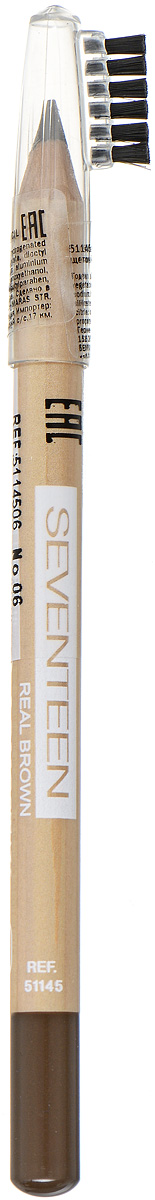 SEVENTEEN Карандаш для бровей с щеточкой т.06 LONGSTAY EYE BROW SHAPERкоричневый, 1,14 гр5114506 SEVENTEEN Карандаш для бровей с щеточкой т.06 LONGSTAY EYE BROW SHAPERкоричневый, 1,14 гр5114506Seventeen Longstay Eye Brow Shaper - это специальный карандаш для создания идеального контура бровей. Уникальная текстура и состав содержащий пудру, делает продукт более стойким. Обладает водонепроницаемыми свойствами и отличной цветопередачей. При нанесении не царапает нежную кожу. Карандаш имеет удобную щеточку-расчестку на колпачке. Товар сертифицирован.