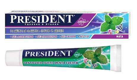 President Зубная паста Teens 12+, для подростков, со вкусом мяты, 50 мл18050 President Зубная паста Teens 12+, для подростков, со вкусом мяты, 50 мл18050Зубная паста PRESIDENT Teens 12+ предназначена для ежедневного ухода за формирующейся эмалью подростков. Стимулирует процессы реминерализации, предотвращает разрушение эмали и развитие кариеса. Мягко, бережно удаляет зубной налет. Прозрачный лазурно-голубой гель со стойким вкусом мяты придает длительную свежесть дыханию. Паста полностью безопасна в случае заглатывания. Содержит ксилитол и фтор в концентрации, рекомендованной Всемирной Организации Здравоохранения. Товар сертифицирован. УВАЖАЕМЫЕ КЛИЕНТЫ! Обращаем ваше внимание на ассортимент в дизайне упаковки товара. Поставка осуществляется в зависимости от наличия на складе.