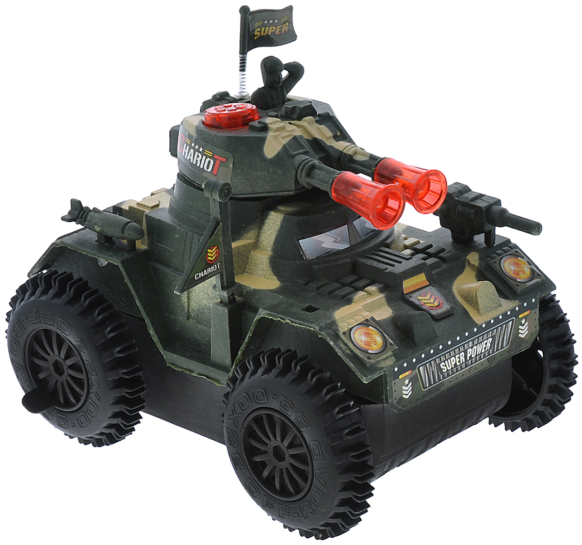 Junfa Toys Танк со световыми и звуковыми эффектами цвет зеленый бежевый2102B/2103B_зеленый с бежевыми пятнами Junfa Toys Танк со световыми и звуковыми эффектами цвет зеленый бежевый2102B/2103B_зеленый с бежевыми пятнамиТанк Junfa Toys, со световыми и звуковым эффектами привлечет внимание не только ребенка, но и взрослого и станет отличным подарком любителю военной техники. После включения танк начинает двигаться, а при столкновении с препятствием он поворачивается и продолжает движение. Танк изготовлен из современных прочных материалов, устойчивых к небольшим крушениям, колеса прорезинены. Порадуйте своего ребенка таким замечательным подарком! Необходимо докупить 3 батареи напряжением 1,5V типа АА (не входят в комплект).