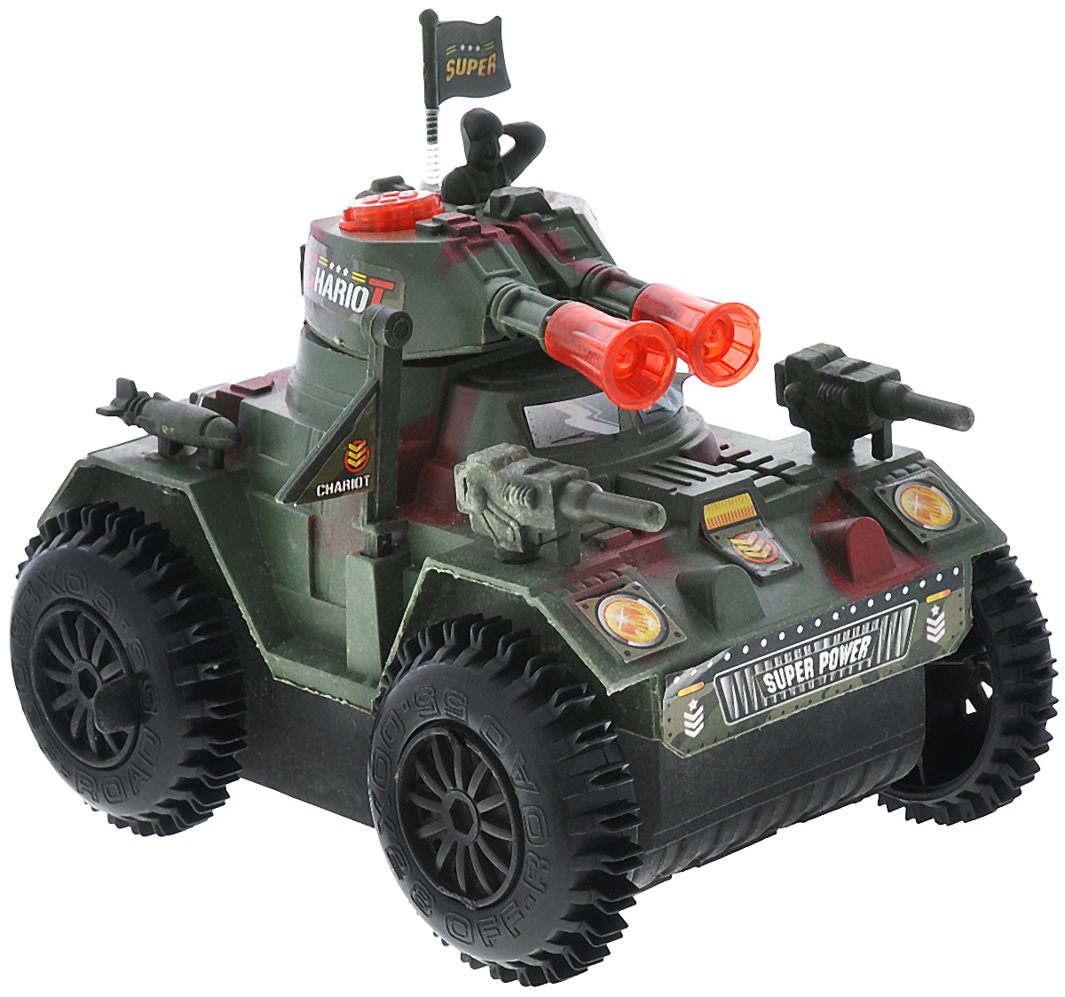 Junfa Toys Танк со световыми и звуковыми эффектами цвет зеленый красный2102B/2103B_ зеленый с красными пятнами Junfa Toys Танк со световыми и звуковыми эффектами цвет зеленый красный2102B/2103B_ зеленый с красными пятнамиТанк Junfa Toys, со световыми и звуковым эффектами привлечет внимание не только ребенка, но и взрослого и станет отличным подарком любителю военной техники. После включения танк начинает двигаться, а при столкновении с препятствием он поворачивается и продолжает движение. Танк изготовлен из современных прочных материалов, устойчивых к небольшим крушениям, колеса прорезинены. Порадуйте своего ребенка таким замечательным подарком! Необходимо докупить 3 батареи напряжением 1,5V типа АА (не входят в комплект).