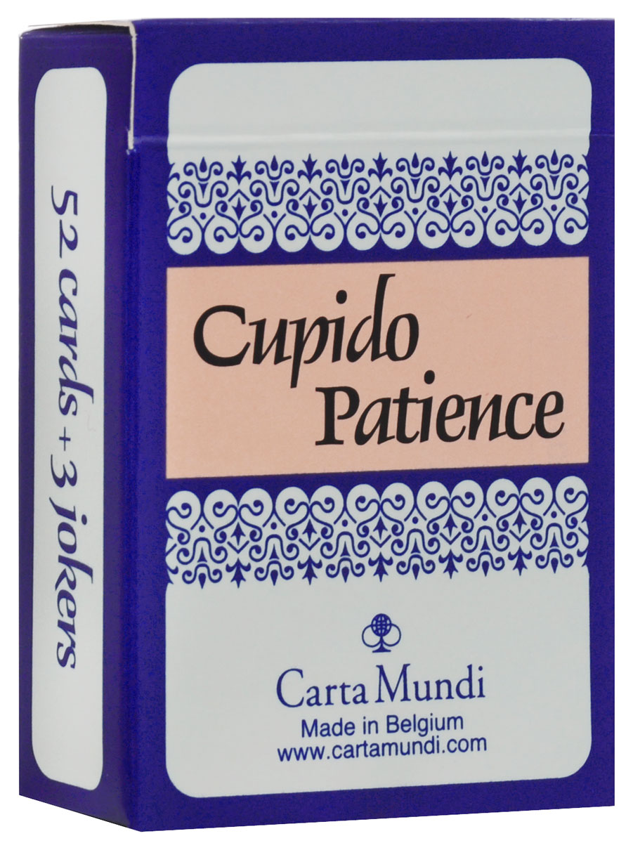 Карты для пасьянса Carta Mundi Cupido Patience, цвет: синий, 55 карт106621465_синий Карты для пасьянса Carta Mundi Cupido Patience, цвет: синий, 55 карт106621465_синийПасьянсные карты Carta Mundi Cupido Patience идеально подойдут для любителей раскладывать пасьянсы. В основу оформления рубашки колоды положены изображение купидонов. Колода включает в себя 52 карты и 3 Джокера. Карты имеют гладкую поверхность, благодаря покрытию из пластика.