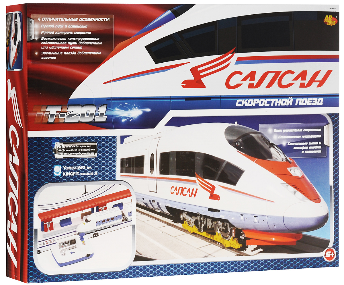 ABtoys Железная дорога Скоростной поезд Сапсан Т-201T201_сапсан ABtoys Железная дорога Скоростной поезд Сапсан Т-201T201_сапсанЯркий игровой набор ABtoys Скоростной поезд Сапсан привлечет внимание каждого любителя железных дорог. Набор состоит из двух локомотивов с двумя прицепными вагонами и элементов для сборки железной дороги с двумя станционными платформами, семафорами и реалистичными аксессуарами. Возможность ручного пуска и остановки поезда, ручной контроль скорости. Путем добавления или удаления секций дороги можно сконструировать собственный уникальный путь. Набор позволит ребенку не только получать удовольствие от игры, но и развивать пространственное воображение, мелкую моторику и координацию движений. Порадуйте его таким замечательным подарком! Пульт управления поездом может работать как от батареек, так и от сетевого адаптера (входит в комплект). Для работы игрушки необходимы 4 батарейки типа АА (не входят в комплект).