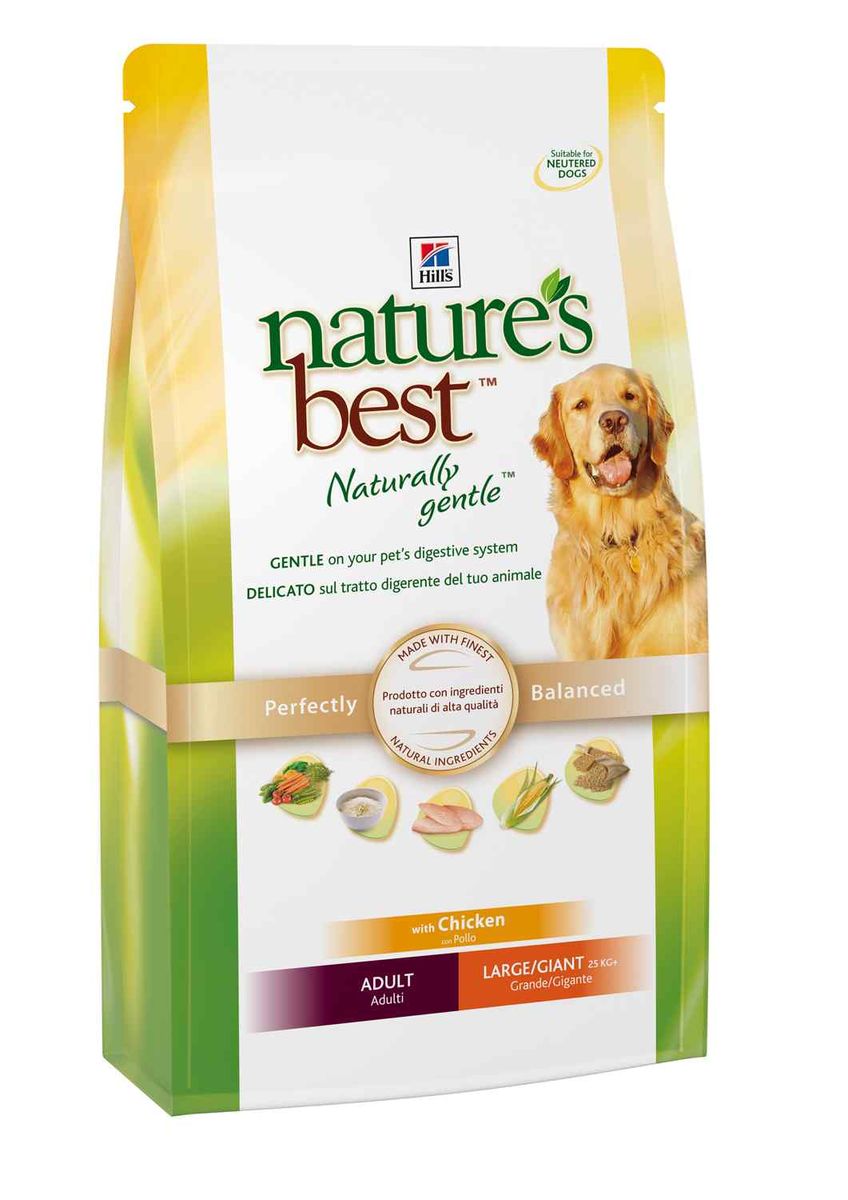 Сухой корм для собак крупных и гигантских пород Hills Natures Best Naturally Gentle Canine Adult Large/Giant курица и овощи 12кг, пакет5598 Сухой корм для собак крупных и гигантских пород Hills Natures Best Naturally Gentle Canine Adult Large/Giant курица и овощи 12кг, пакет5598Рацион Hills™ Natures Best™ Naturally Gentle™ Canine Adult Large/Giant специально разработан для удовлетворения пищевых потребностей взрослых собак старше 1 года крупных или гигантских пород. Изготовлен из превосходных ингредиентов, помогает поддерживать здоровое пищеварение и сильный иммунитет у вашего питомца и обеспечивает полноценное, точно сбалансированное питание для того, чтобы ваша собака всегда оставалась здоровой и активной. Ключевые преимущества: •Оказывает мягкое действие на пищеварительную систему. •Изготовлен из превосходных натуральных ингредиентов. •Точный баланс питательных веществ. •Не содержит искусственных красителей, ароматизаторов и консервантов. •Эффективный комплекс антиоксидантов для иммунной системы. •Содержит Омега-3 и Омега-6 жирные кислоты для здоровой кожи и сияющей шерсти. •Без добавления ингредиентов, которые могут вызывать расстройства ЖКТ и заболевания кожи Рекомендуется: • Собакам крупных и гигантских пород / размеров весом 25 кг...