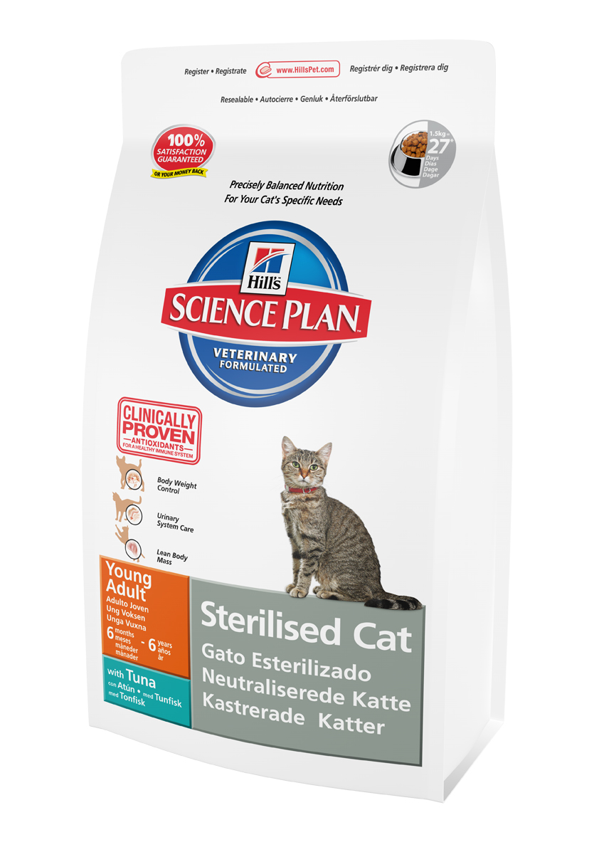 Корм сухой Hills Science Plan Feline Young Adult Sterilised Cat для стерилизованных кошек от 6 месяцев до 6 лет, тунец, 1,5 кг9352 Корм сухой Hills Science Plan Feline Young Adult Sterilised Cat для стерилизованных кошек от 6 месяцев до 6 лет, тунец, 1,5 кг9352Рекомендуется • Для молодых стерилизованных кошек обоих полов в возрасте от 6 мес до 6 лет Не рекомендуется • Котятам до 6 месяцев. • Беременным и лактирующим кошкам. В период беременности рекомендуется перевести кошку на Science Plan™ Kitten Healthy DevelopmentTM. Дополнительная информация • Содержит Hill’s™ WMF™ (Формулу Контроля Веса). Ингредиенты сухого рациона с Тунцом (8%): Кукуруза, мука из мяса домашней птицы, мука из кукурузного глютена, мука из тунца, животный жир, минералы, L-лизин, гидролизат белка, рыбий жир, льняное семя, DL-метионин, L-карнитин, рис, таурин, витамины и микроэлементы. СРЕДНЕЕ СОДЕРЖАНИЕ НУТРИЕНТОВ В рационе Протеин 32,2 % Жиры 10,7 % Углеводы (БЭВ) 44,6 % Клетчатка (общая) 1,4 % Влага 5,5 % Кальций 0,77 % Фосфор 0,72 % Натрий 0,43 % Калий 0,85 % Магний 0,08 % Омега-3 жирные кислоты 0,81 % Омега-6 жирные кислоты 2,42 % Таурин 2 360 мг/кг L-карнитин 470 мг/кг Витамин A10 9 872 МЕ/кг Витамин D10 794 МЕ/кг Витамин E10 550 мг/кг Витамин C10 70 мг/кг...