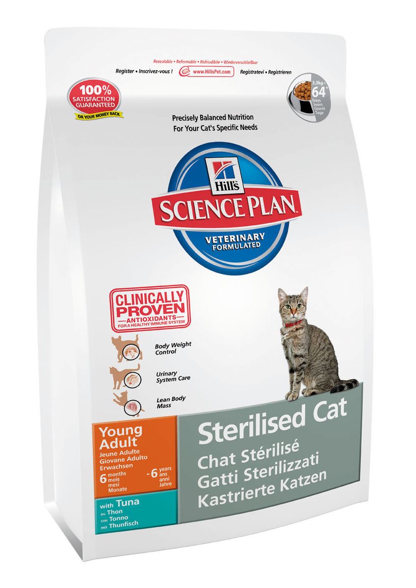 Корм сухой Hills Science Plan Feline Young Adult Sterilised Cat для стерилизованных кошек от 6 месяцев до 6 лет, тунец, 3,5 кг9355 Корм сухой Hills Science Plan Feline Young Adult Sterilised Cat для стерилизованных кошек от 6 месяцев до 6 лет, тунец, 3,5 кг9355Рекомендуется • Для молодых стерилизованных кошек обоих полов в возрасте от 6 мес до 6 лет Не рекомендуется • Котятам до 6 месяцев. • Беременным и лактирующим кошкам. В период беременности рекомендуется перевести кошку на Science Plan™ Kitten Healthy DevelopmentTM. Дополнительная информация • Содержит Hill’s™ WMF™ (Формулу Контроля Веса). Ингредиенты сухого рациона с Тунцом (8%): Кукуруза, мука из мяса домашней птицы, мука из кукурузного глютена, мука из тунца, животный жир, минералы, L-лизин, гидролизат белка, рыбий жир, льняное семя, DL-метионин, L-карнитин, рис, таурин, витамины и микроэлементы. СРЕДНЕЕ СОДЕРЖАНИЕ НУТРИЕНТОВ В рационе Протеин 32,2 % Жиры 10,7 % Углеводы (БЭВ) 44,6 % Клетчатка (общая) 1,4 % Влага 5,5 % Кальций 0,77 % Фосфор 0,72 % Натрий 0,43 % Калий 0,85 % Магний 0,08 % Омега-3 жирные кислоты 0,81 % Омега-6 жирные кислоты 2,42 % Таурин 2 360 мг/кг L-карнитин 470 мг/кг Витамин A10 9 872 МЕ/кг Витамин D10 794 МЕ/кг Витамин E10 550 мг/кг Витамин C10 70 мг/кг...