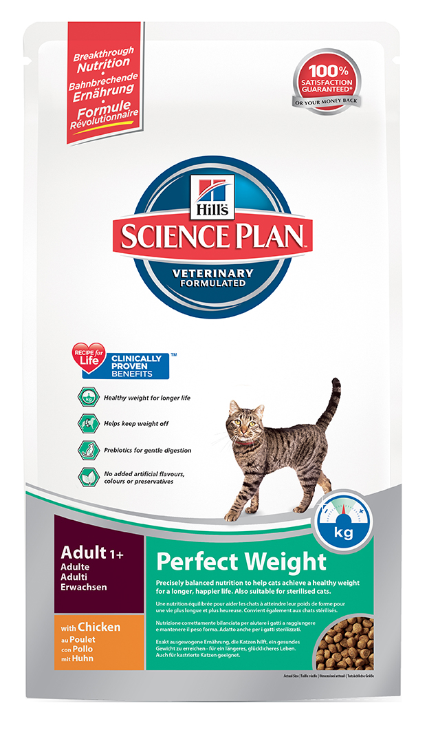 Сухой корм для кошек Hills Feline Adult 1+ Perfect Weight, 250 г3671 Сухой корм для кошек Hills Feline Adult 1+ Perfect Weight, 250 г3671Рекомендуется • Взрослым кошкам старше 1 года, склонным к набору веса или страдающим ожирением в легкой степени (т.е. кошкам, наименее активным, стерилизованным или склонным к набору веса по другим причинам). Не рекомендуется • Котятам • Беременным и кормящим кошкам. В течение беременности и лактации рекомендуется перевести кошку на полноценный рацион для котят Science Plan™ Kitten Healthy Development™. Ингредиенты сухого рациона Курица (23%) и мука из индейки, размолотый рис, мука из кукурузного глютена, целлюлоза, томатные выжимки, высушенная мякоть сахарной свеклы, льняное семя, животный жир, кокосовое масло, гидролизат белка, минералы, L-лизин, DL-метионин, высушенная морковь, L-карнитин, твитамины, таурин, микроэлементы и бета-каротин. С натуральным антиоксидантом (смесь токоферолов). СРЕДНЕЕ СОДЕРЖАНИЕ НУТРИЕНТОВ В рационе Протеин 37,6 % Жиры 12,7 % Углеводы (БЭВ) 29,3 % Клетчатка (общая) 8,9 % Влага 5,5 % Кальций 0,92 % Фосфор 0,69 % Натрий 0,38 % Калий 0,71 % Магний...