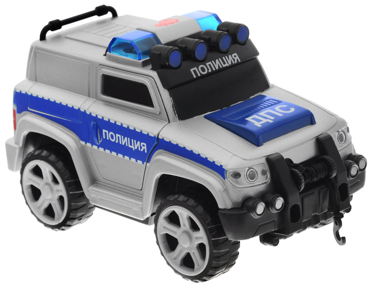Dickie Toys Полицейский внедорожник3353590 Dickie Toys Полицейский внедорожник3353590Машинка Dickie Полицейский внедорожник со звуковыми и световыми эффектами привлечет внимание вашего ребенка и не позволит ему скучать. Машина является уменьшенной копией полицейской машины. Она выполнена из прочного материала и оформлена опознавательными знаками данной экстренной службы. Мигалка в верхней части машины начинает мигать при нажатии на кнопку и при этом раздаются звуки работающей сирены. С такой машинкой ваш малыш будет часами занят игрой, представляя себя полицейским и придумывая различные истории. Порадуйте его таким замечательным подарком! Рекомендуется докупить 3 батарейки напряжением 1,5V типа LR41 (товар комплектуется демонстрационными).
