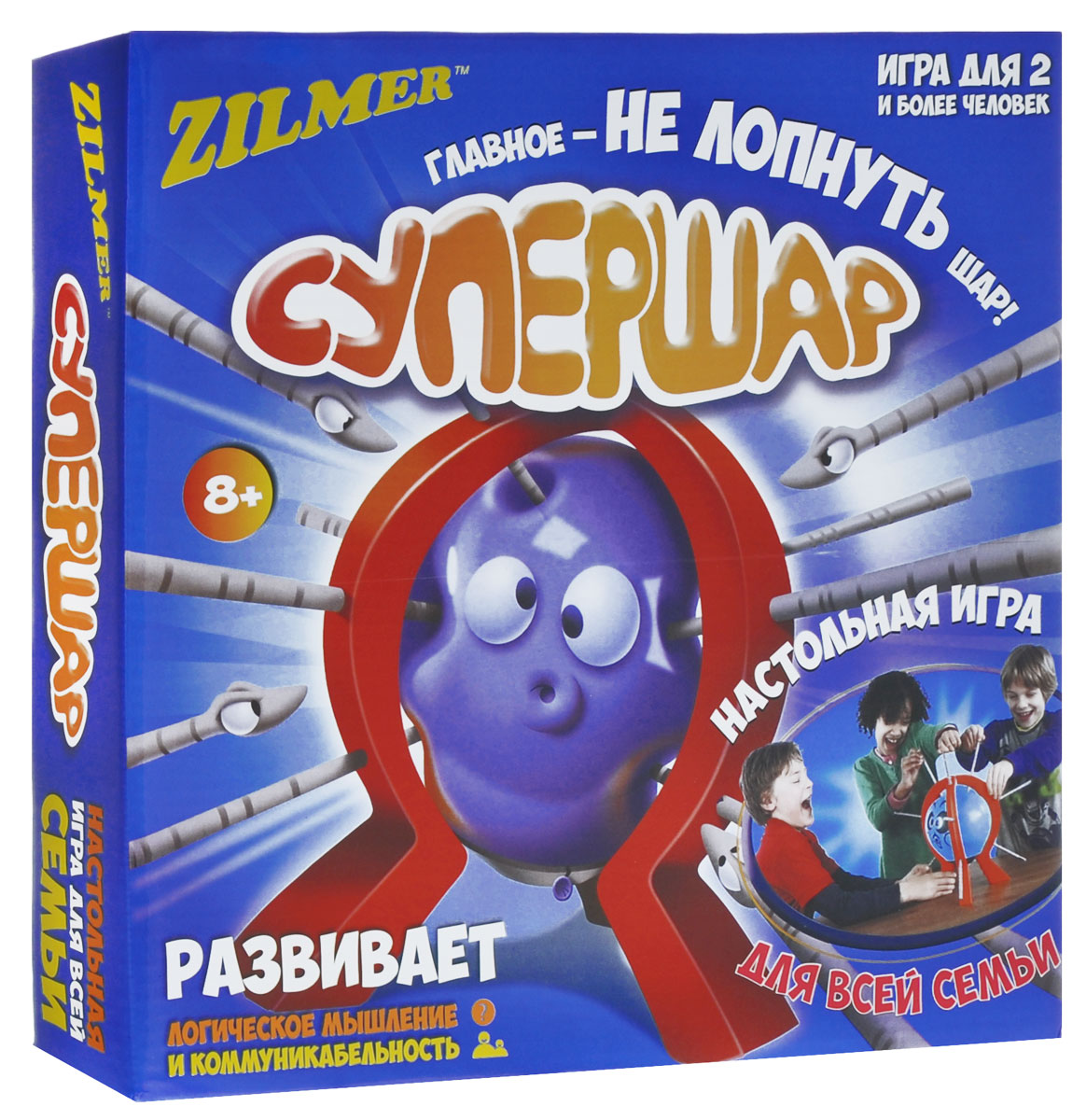 Zilmer Настольная игра СупершарZIL0501-001 Zilmer Настольная игра СупершарZIL0501-001Супершар - это увлекательная игра, в которой вы должны сделать все возможное, чтобы шар не лопнул. Вставьте палочку до щелчка в отверстия на подножке. Шар начинает менять форму от каждого прикосновения. Главное, чтобы он не лопнул! Игроки по очереди вставляют палочки в надутый шарик, закрепленный на подставке. Проигрывает игрок, у которого шар лопнет. Игра развивает логическое мышление и коммуникабельность. В наборе: игровая рамка для шарика (3 подножки, подставка, крепеж), 10 шариков с нарисованными рожицами, 9 палочек, игральная кость, инструкция.