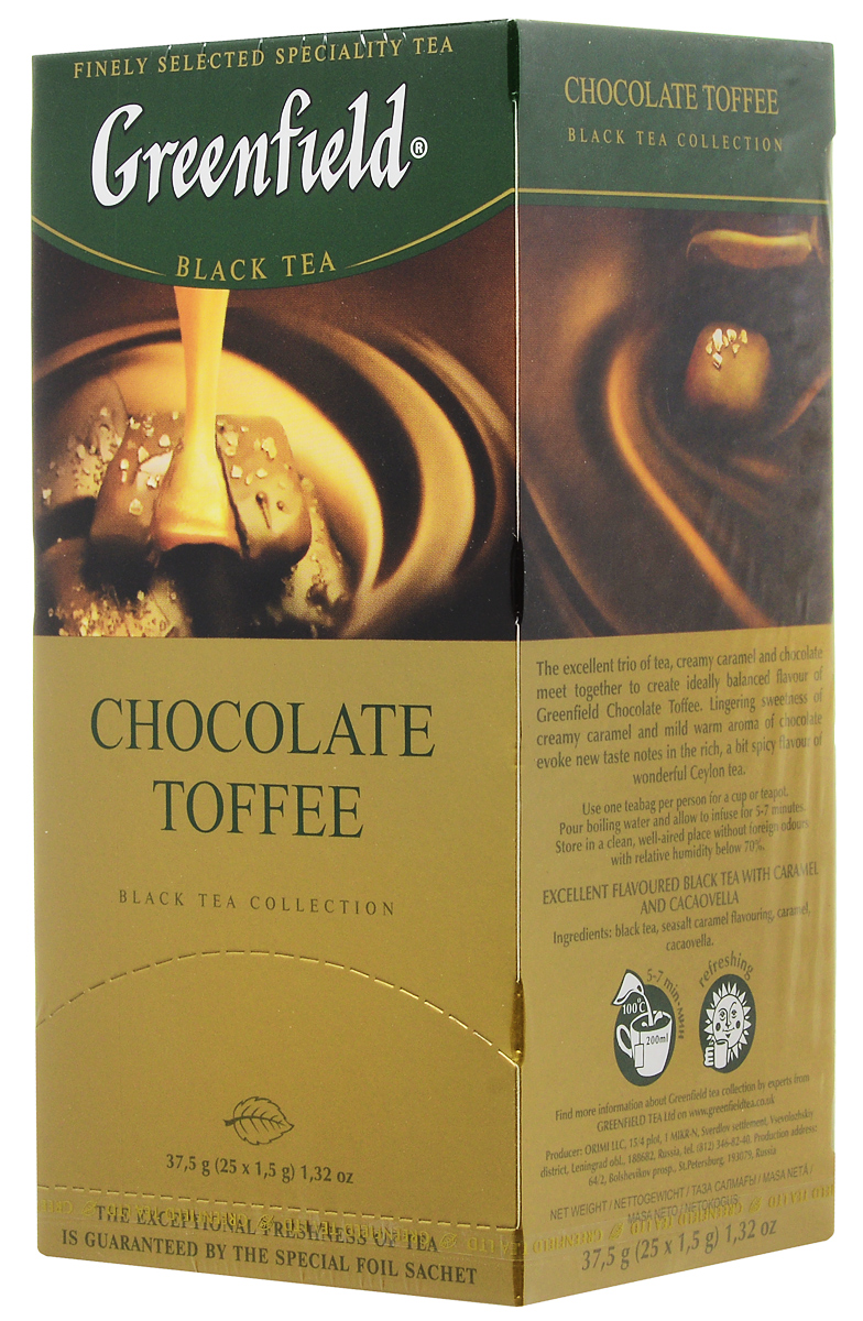 Greenfield Chocolate Toffee черный чай в пакетиках, 25 шт1024-10 Greenfield Chocolate Toffee черный чай в пакетиках, 25 шт1024-10Великолепный черный чай со вкусом и ароматом шоколада. Завораживающий дуэт чая и шоколада становится захватывающей игрой двух великолепных стихий в композиции Greenfield Chocolate Toffee. Ласкающий, мягкий, теплый, с нотами тончайшей сливочной сладости аромат шоколада пробуждает новые оттенки в глубоком насыщенном вкусе черного чая с лучших плантаций Индии.