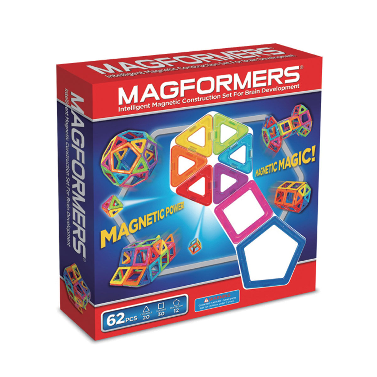 Magformers Магнитный конструктор 63070 6263070 Magformers Магнитный конструктор 63070 6263070Этот набор привлекателен большим количеством деталей. В него входят квадраты, треугольники и пятиугольники. Благодаря этому набору ребенок может делать не только технические постройки, но и животных, более сложные шары, которые начинаются с пятиугольников и при постепенном добавлении квадратов и треугольников превращаются во что-то сказочное и необычное.